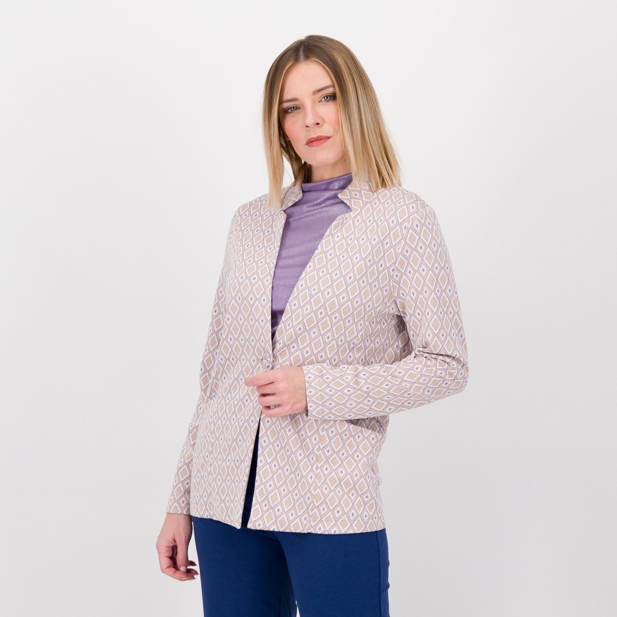 QVC Officina della Moda Giacca in maglia jacquard con collo rever a rovescio