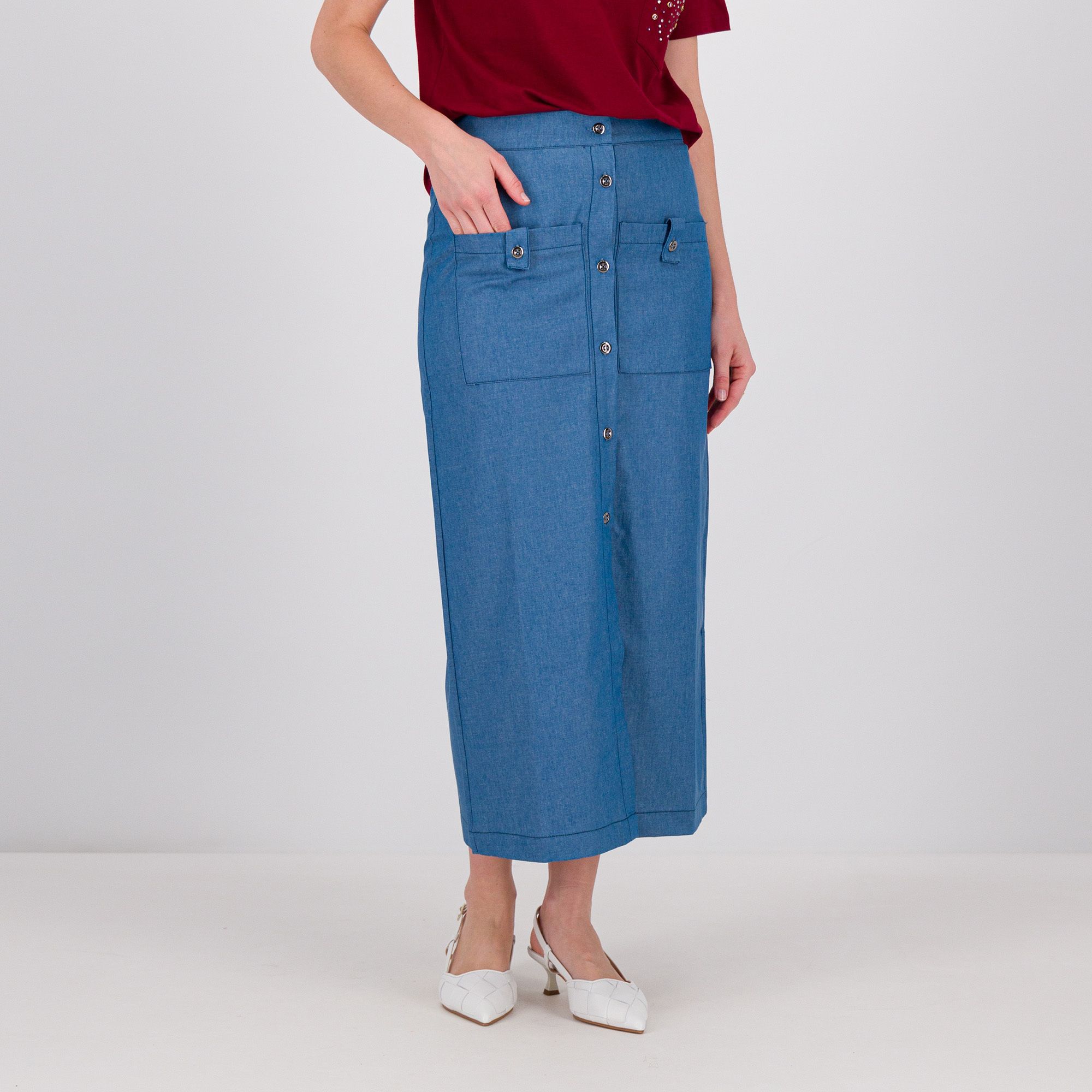 Image of M’ama Gonna midi in chambray di cotone linea dritta061