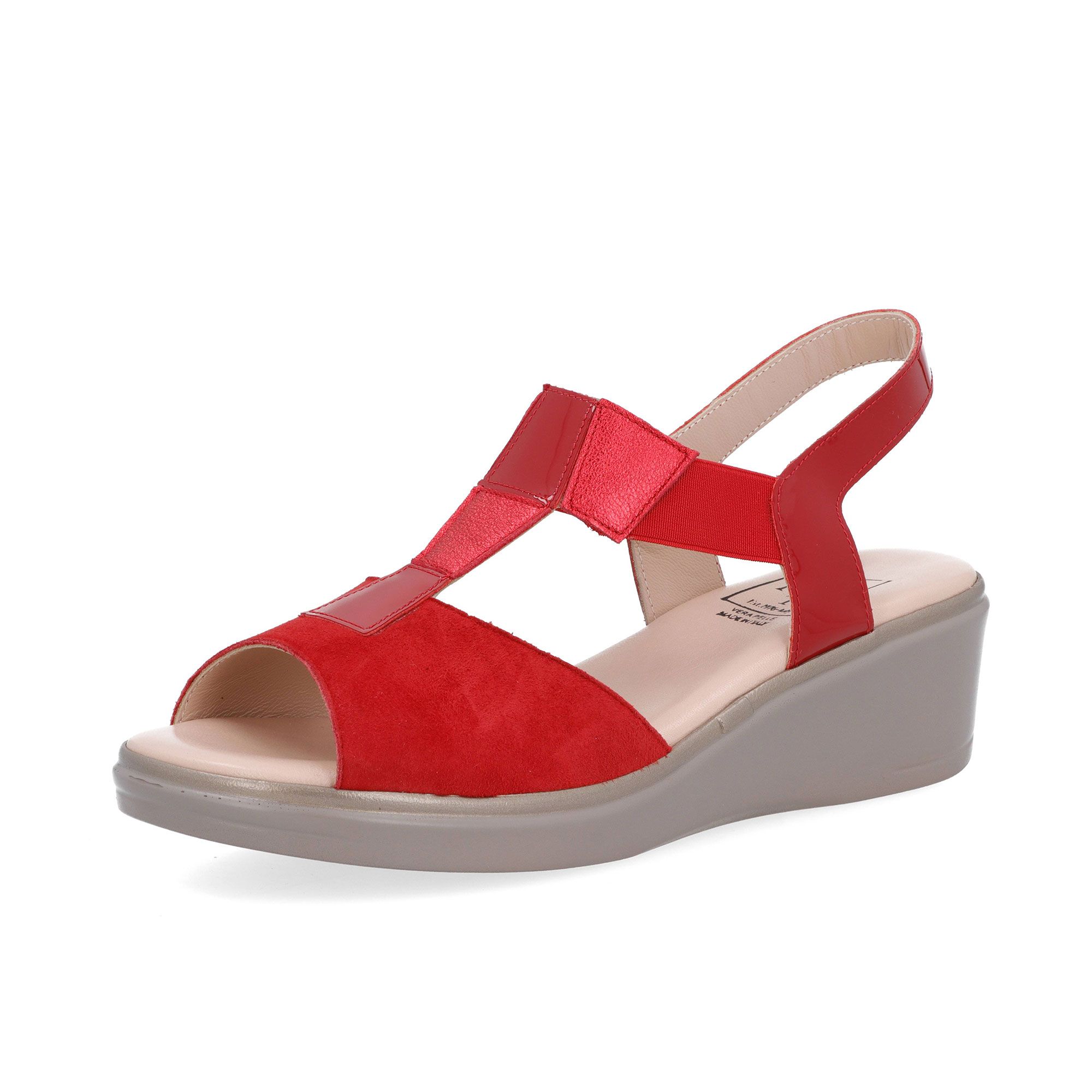 Confort
Sandali a T in pelle
scamosciata con
patchwork e zeppa 5cm