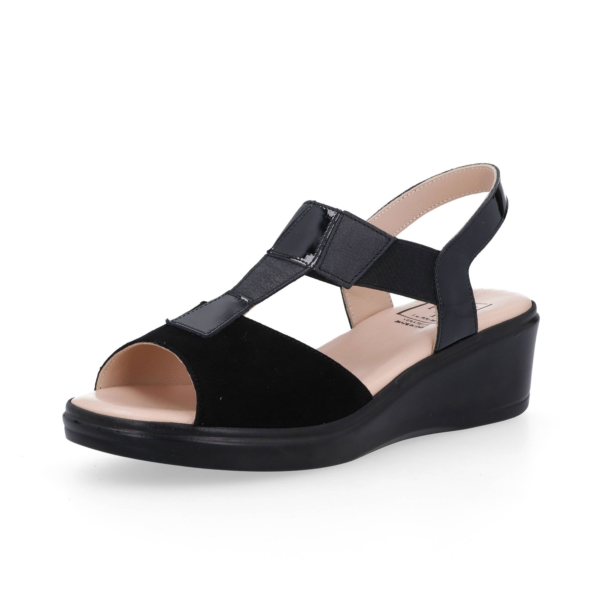 Confort Sandali a T in pelle scamosciata con patchwork e zeppa 5cm
