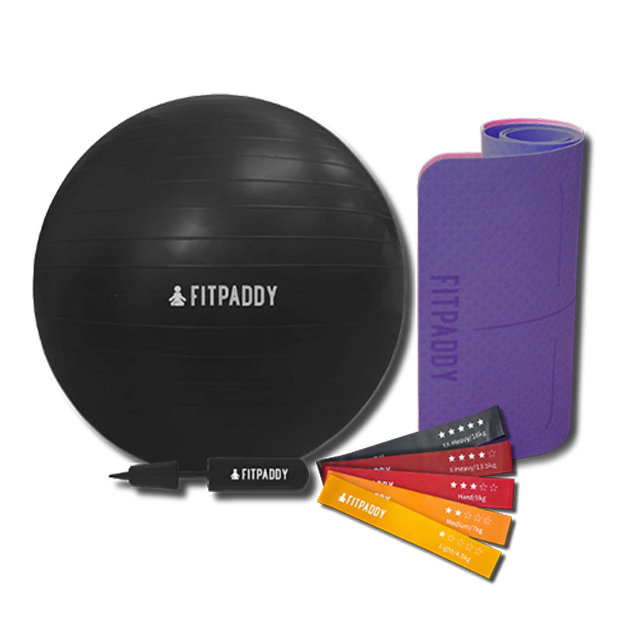 Fitpaddy
Kit Fitness&Yoga:
tappetino, 5 elastici
e palla ginnica