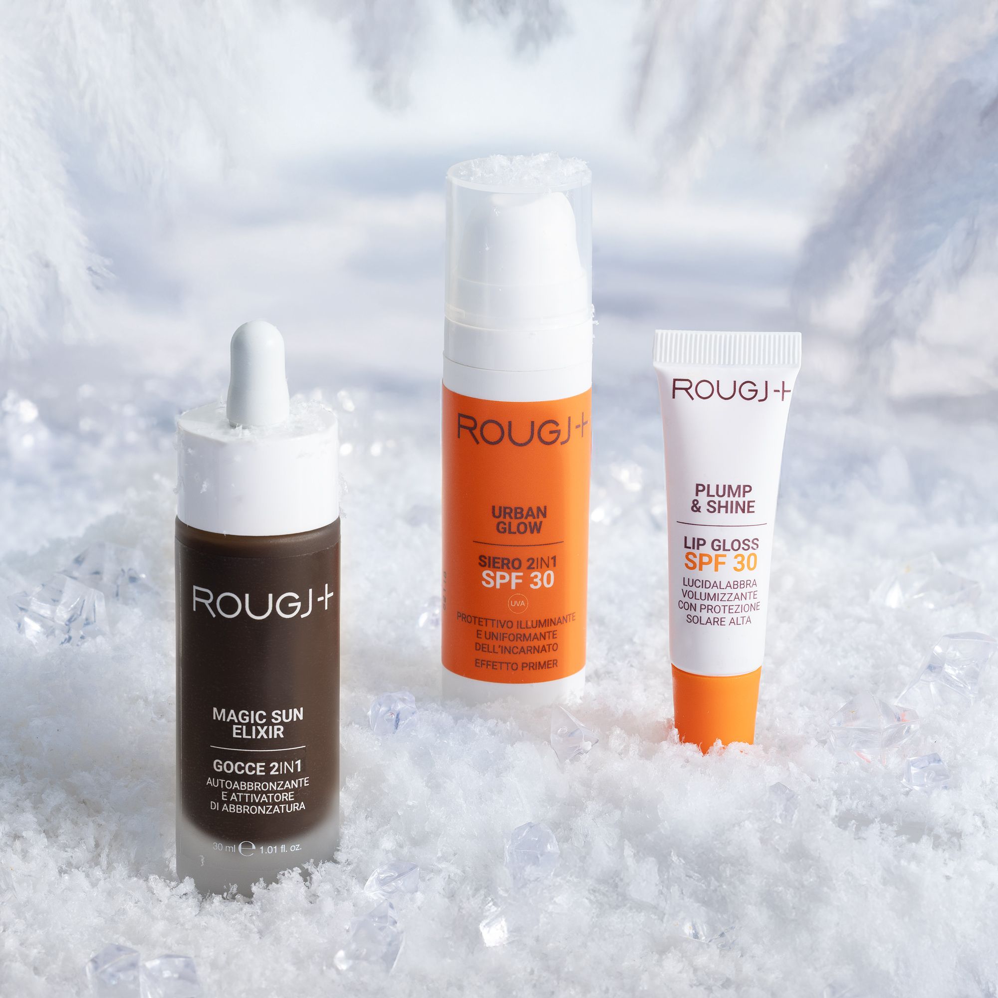 Rougj Kit solari: siero SPF30, gloss SPF30 e autoabbronzante