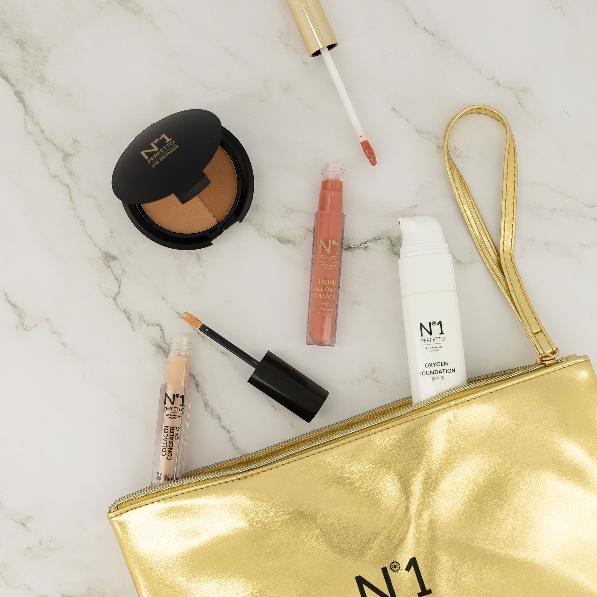 N°1 Perfetto
Correttore SPF30,
fondotinta SPF15,
bronzer e all over