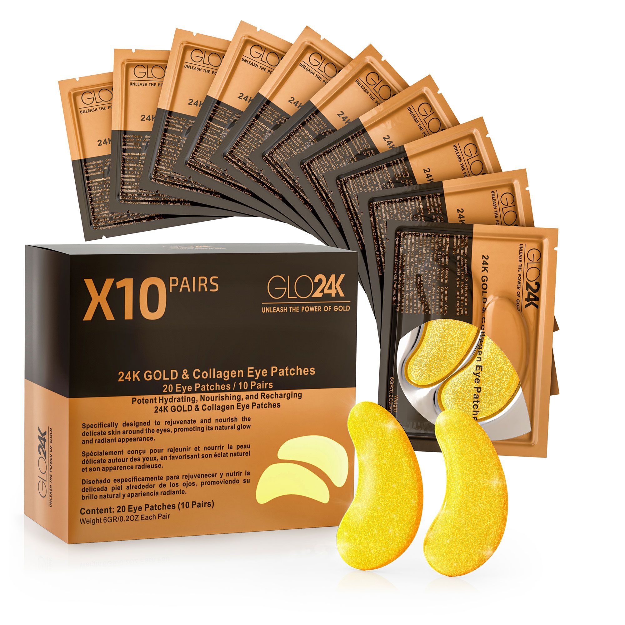 Glo24k
Patch occhi con
oro 24k e collagene
(10 paia)