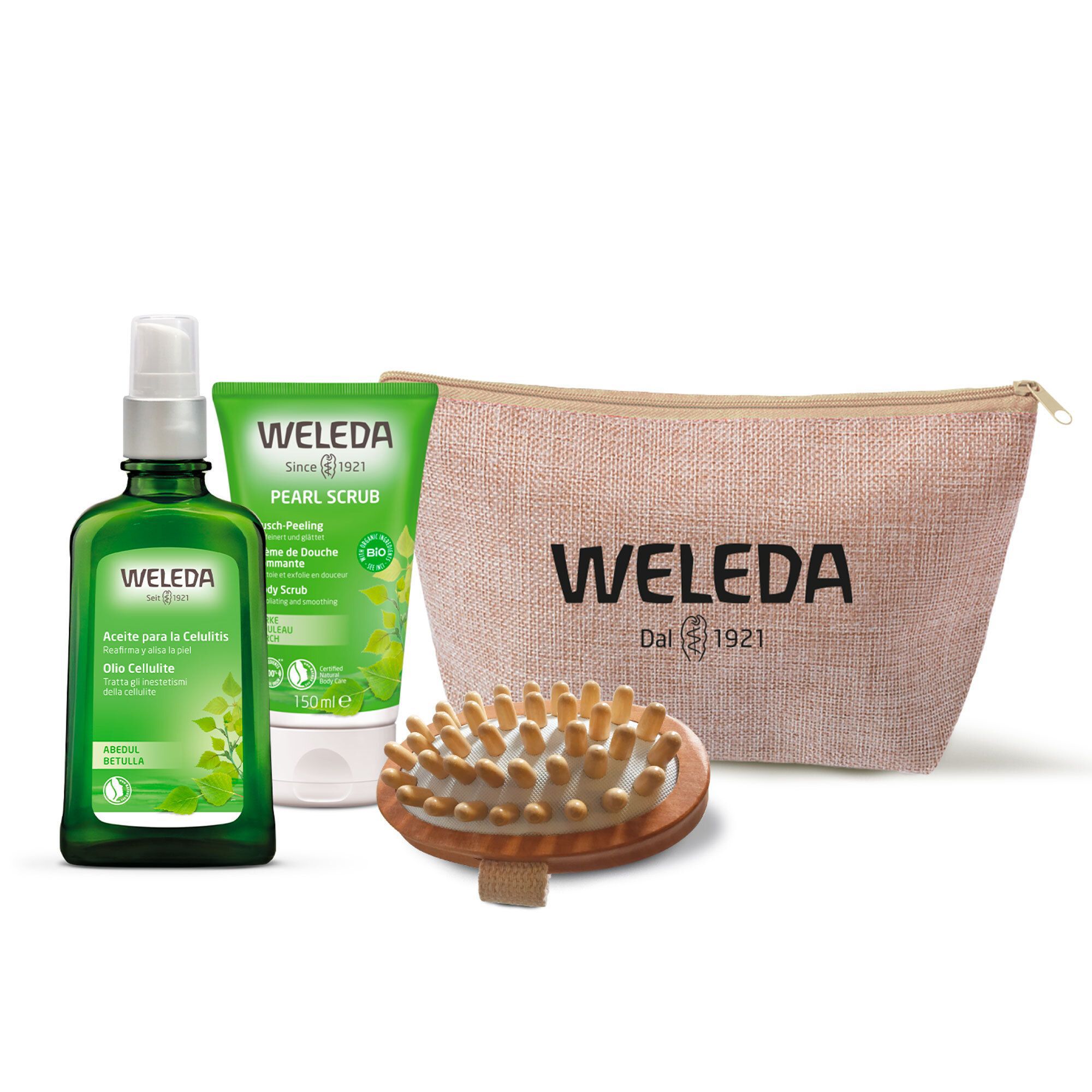 QVC Weleda Kit corpo Betulla: Olio gommage doccia spazzola e pochette