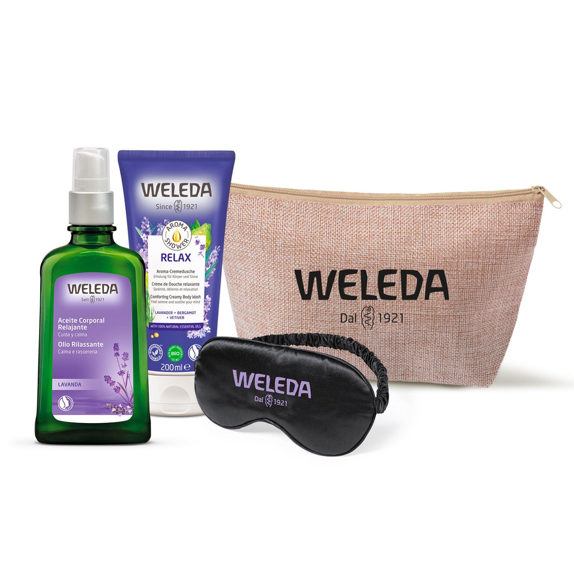 QVC Weleda Kit Notte: olio alla lavanda gel doccia maschera e pochette