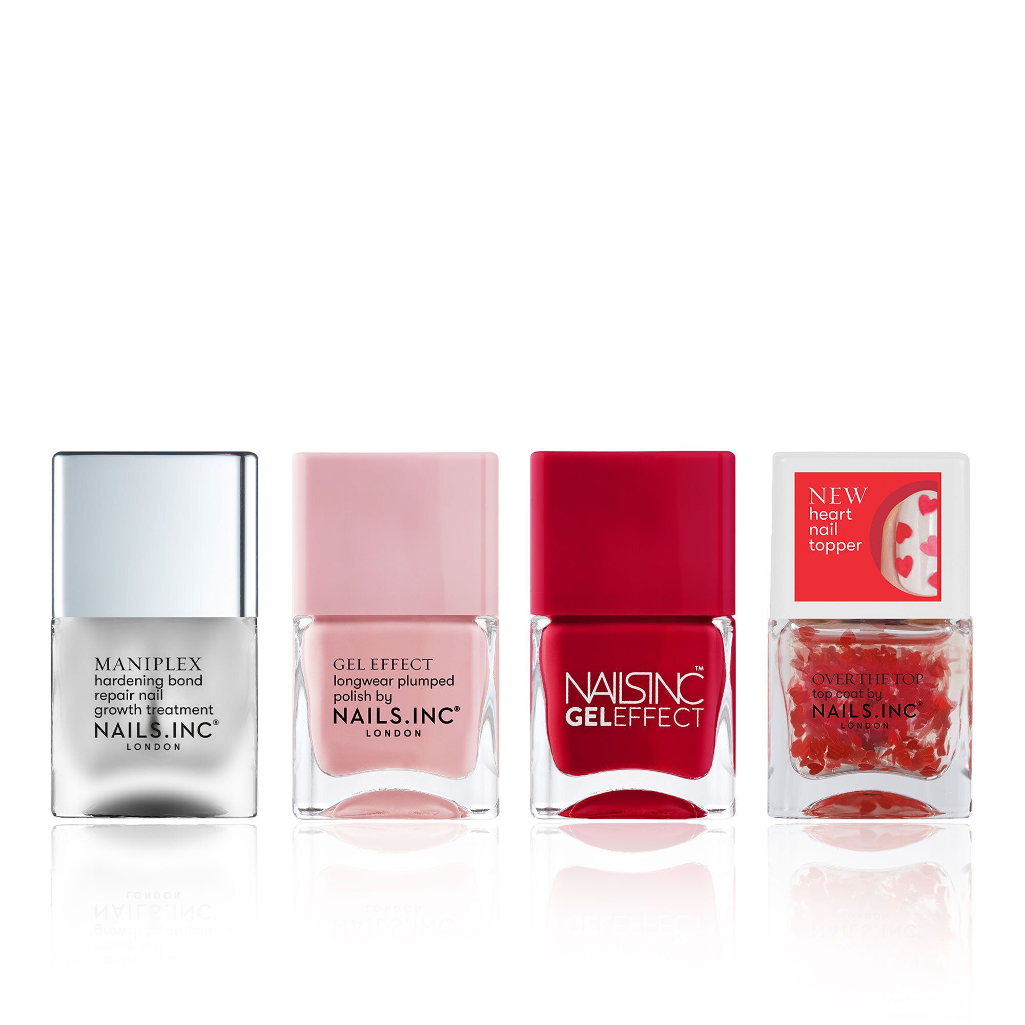 Image of Nails Inc Base, smalti rosso e rosa e top con coriandoli a cuore061