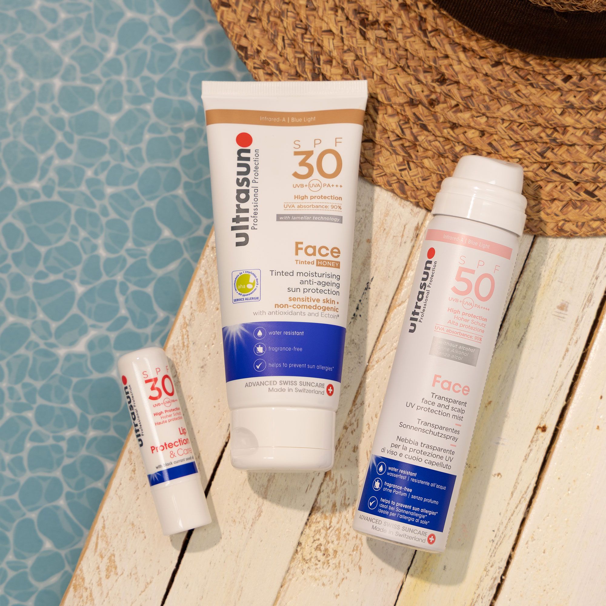 Ultrasun
Kit solari: labbra
SPF50, viso e testa
SPF50, viso SPF30