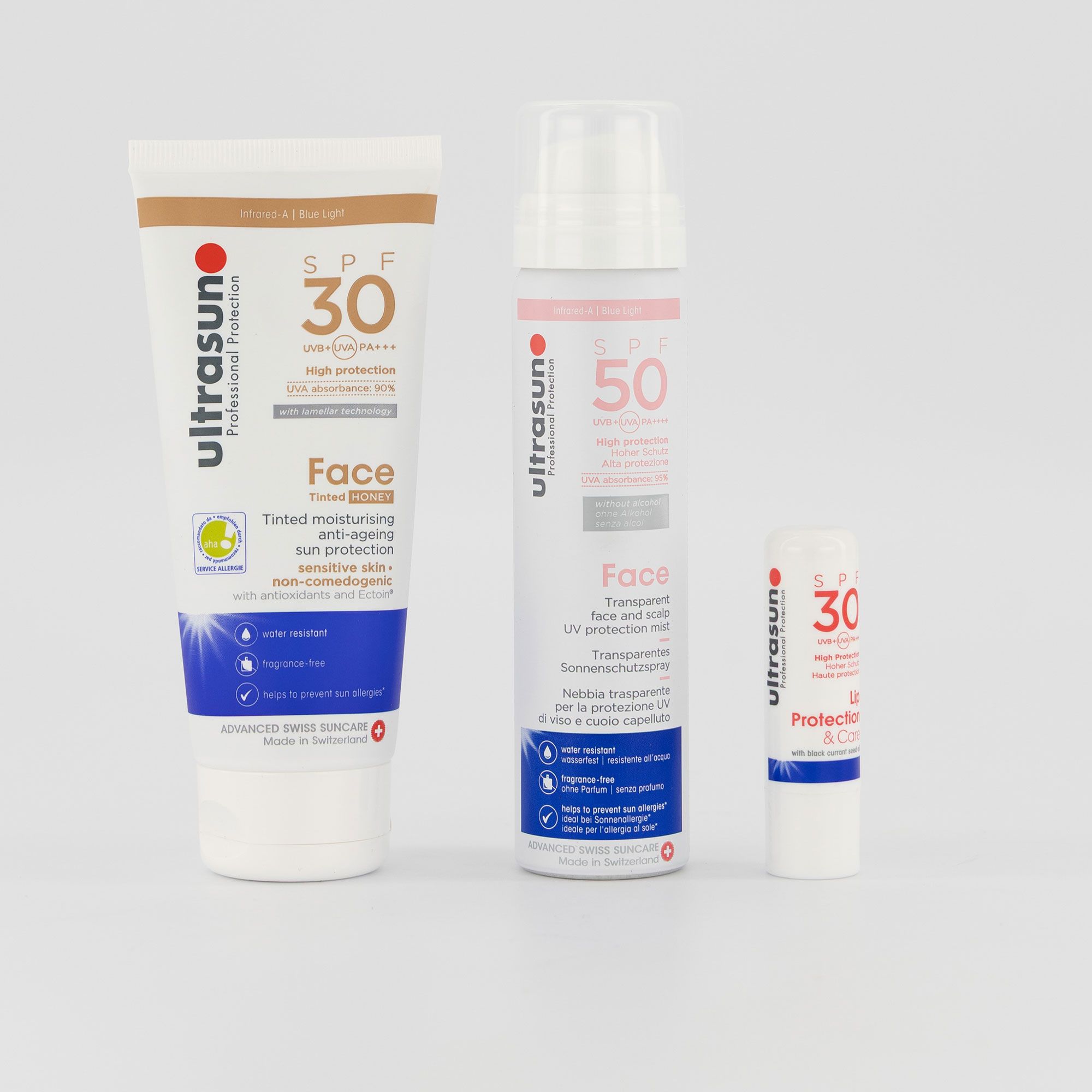 Ultrasun Kit solari: labbra SPF50, viso e testa SPF50, viso SPF30