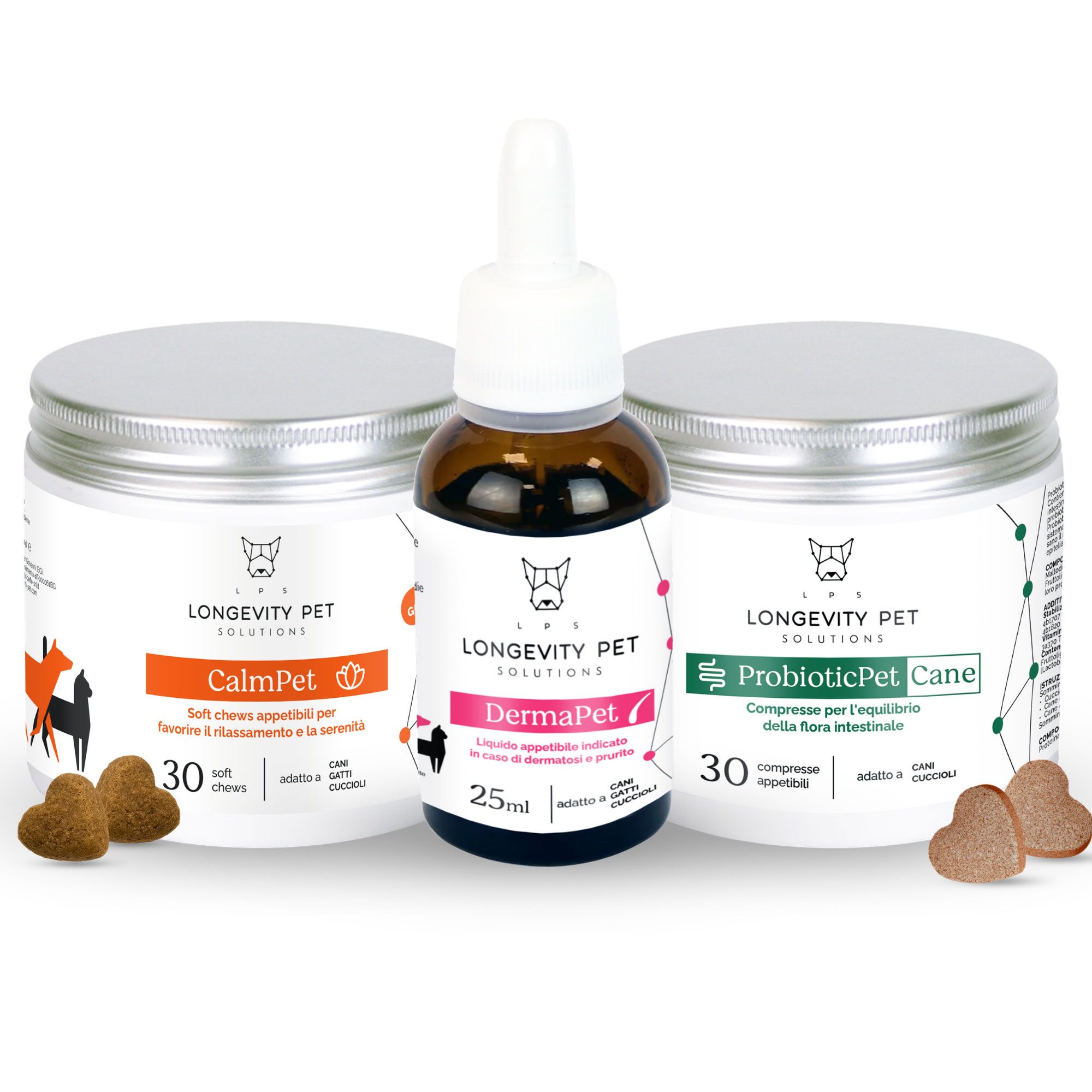 Longevity Pet
Integratori per cani:
ProbioticPet, CalmPet
e DermaPet