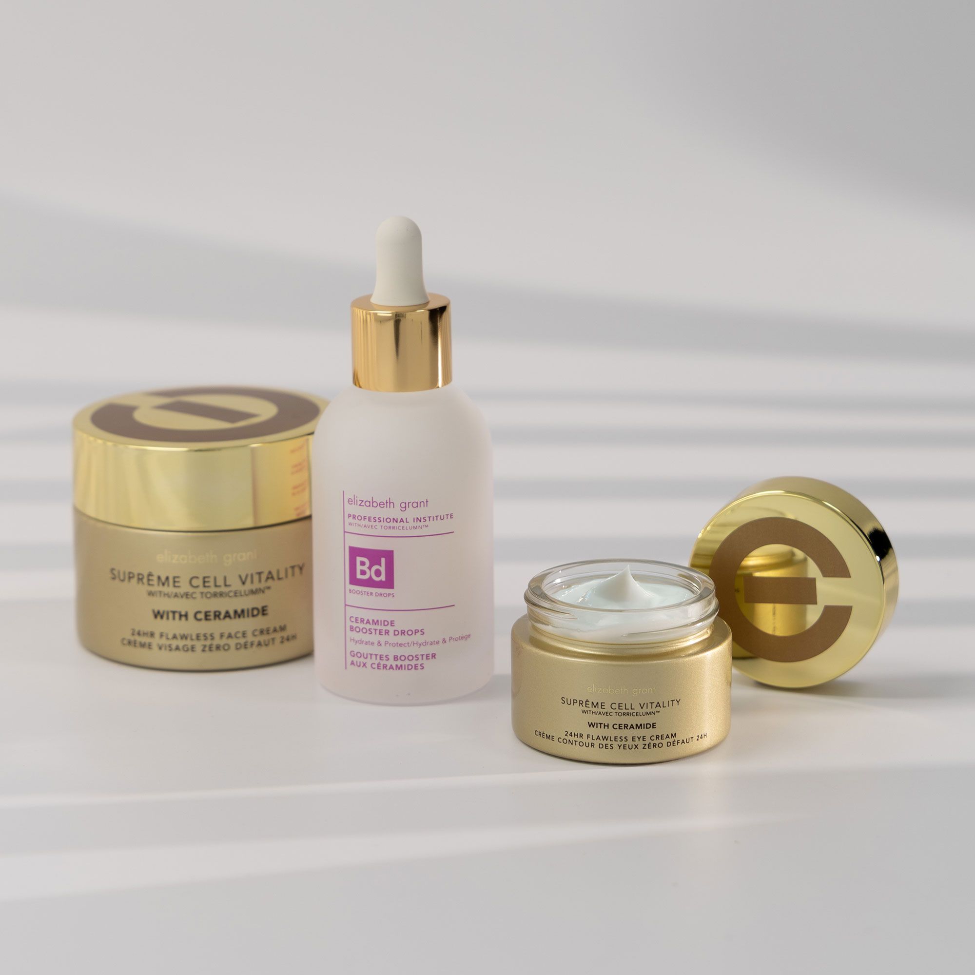 Elizabeth Grant
Kit Supreme Flawless:
crema viso, contorno
occhi e gocce