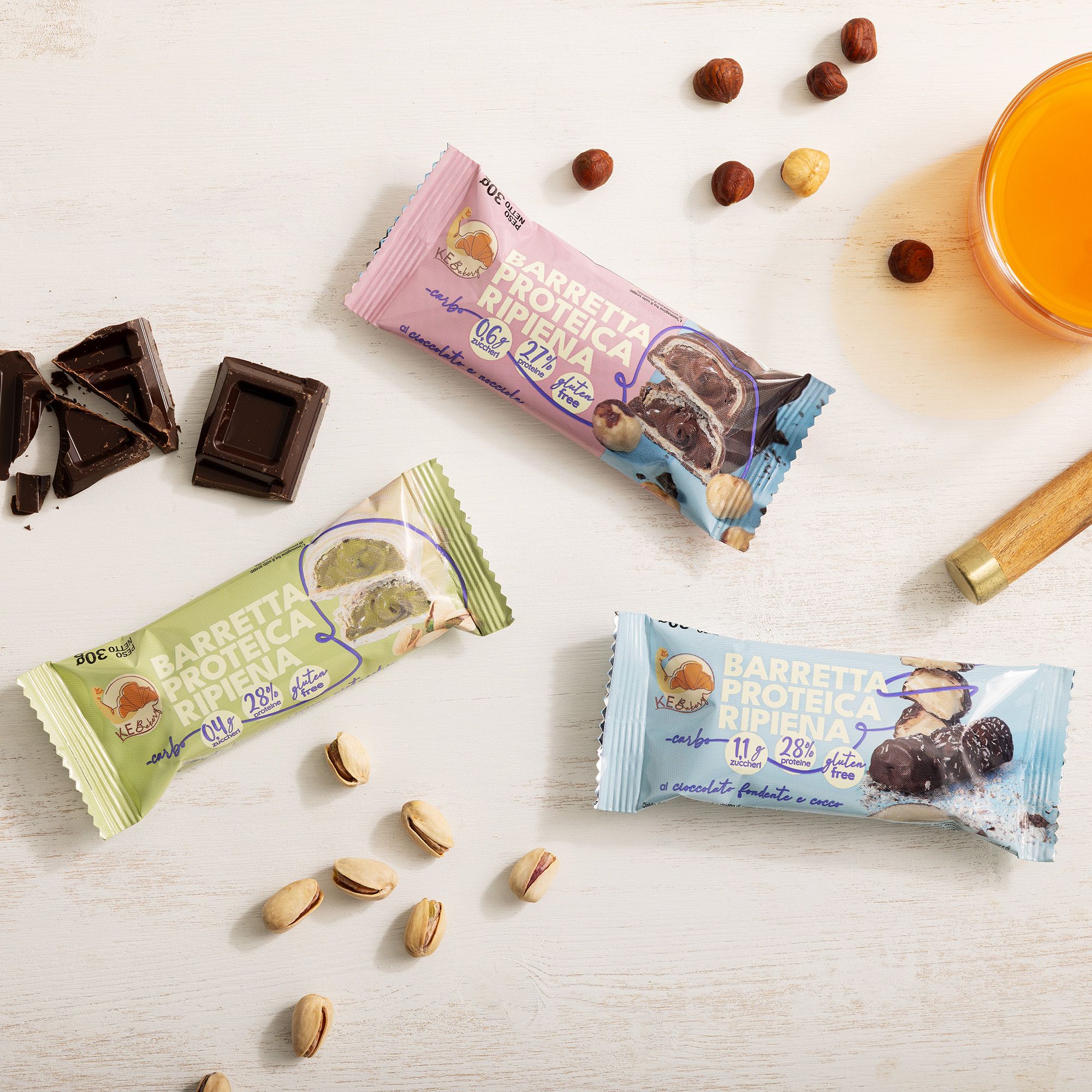 KeBakery
Barrette proteiche
ripiene gusto
a scelta (24x30g)