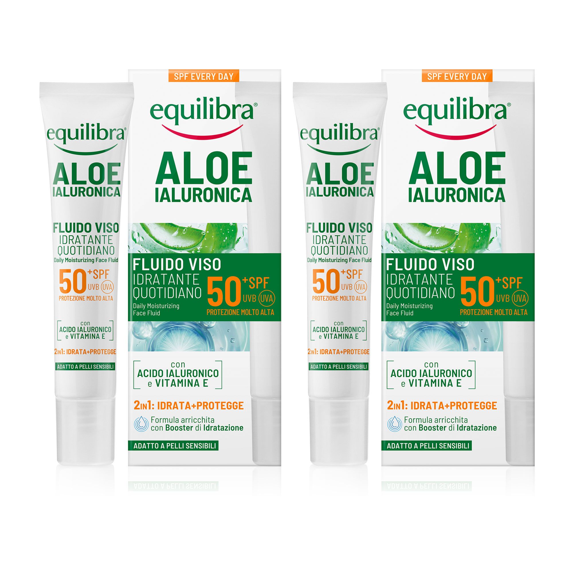 Equilibra
Fluido viso idratante
Aloe Ialuronica
SPF50+ (2x40ml)