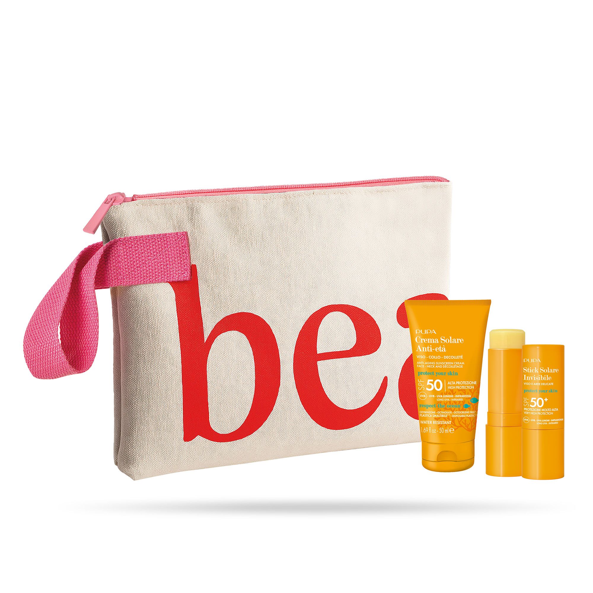 PUPA Milano
Kit Solari SPF50:
crema anti-età e
stick + pochette