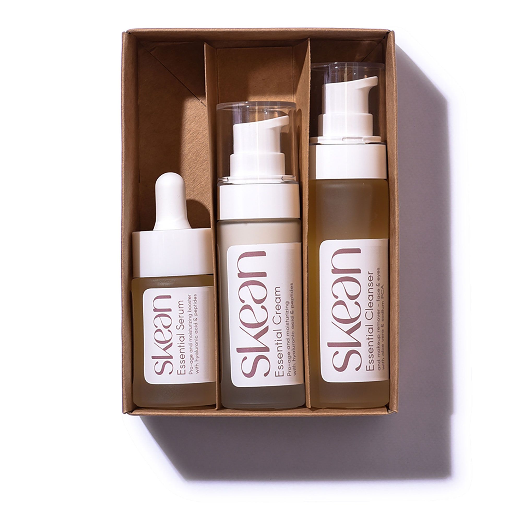Skean 
Kit Essential viso:
crema, siero e
detergente
