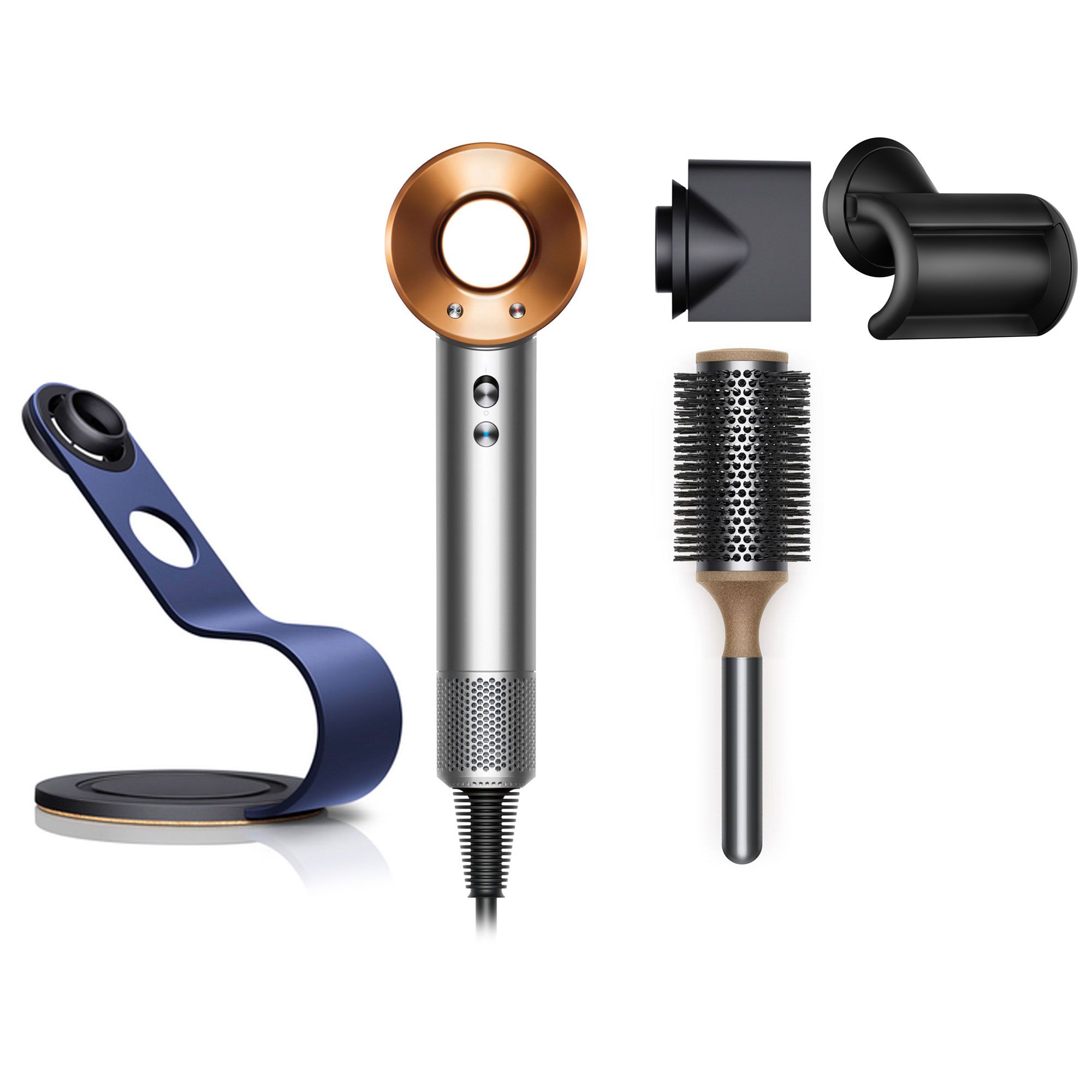 Dyson Supersonic™
Origin con stand blu,
spazzola tonda
e accessorio Flyaway