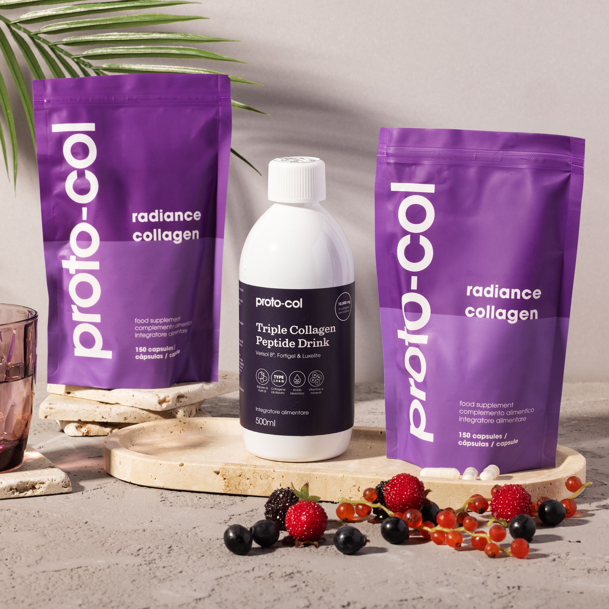Proto-col
Kit 3 integratori: 
2 Radiance Collagen +
Triple Collagen Drink