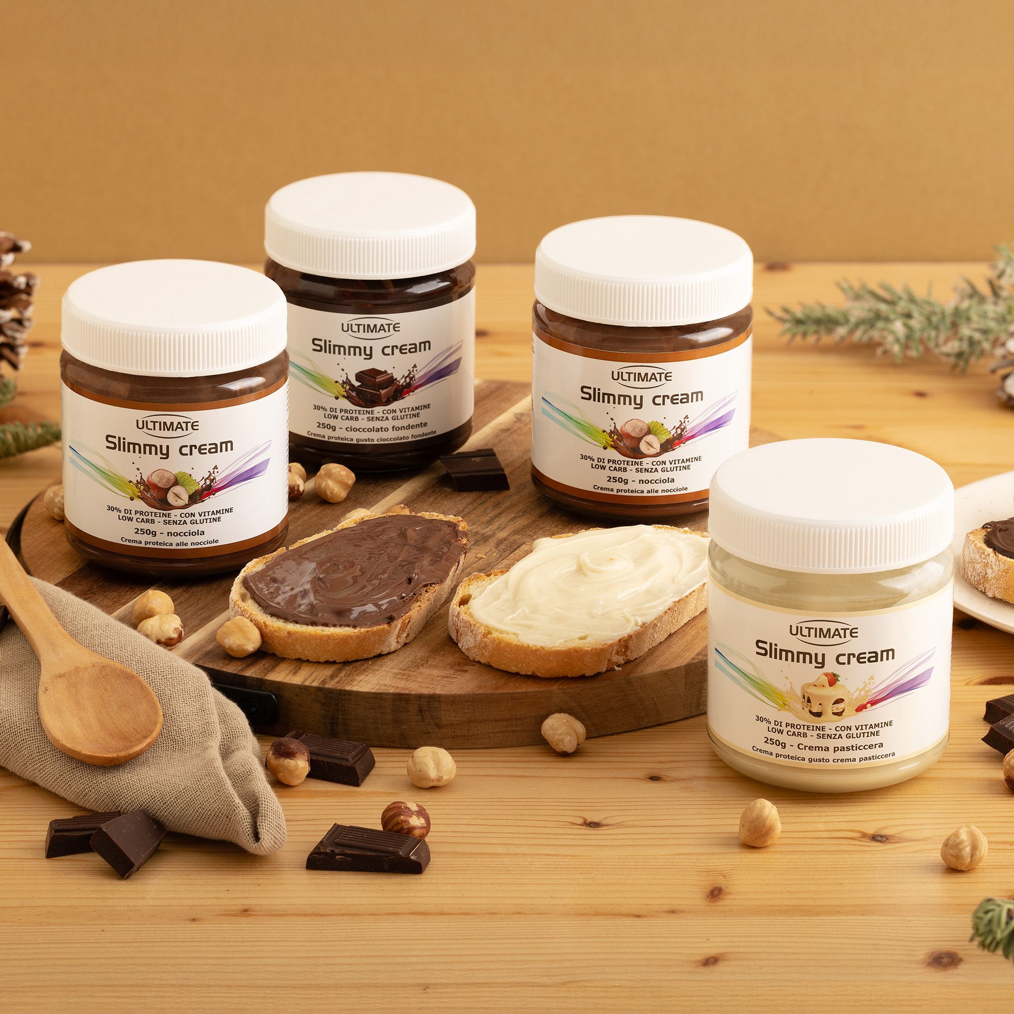 Ultimate
Creme spalmabili
(4x250g): crema,
fondente, 2 nocciola