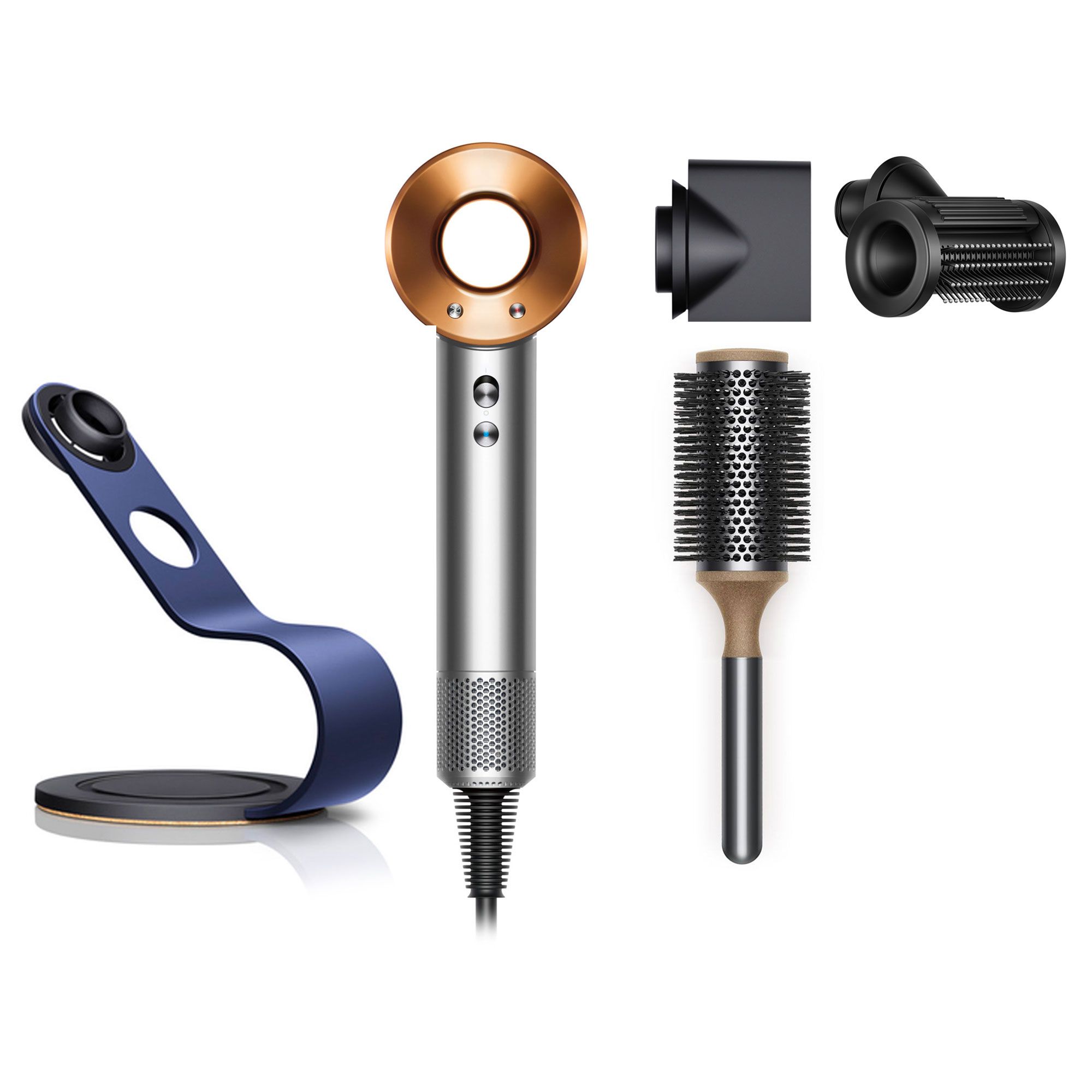 Dyson Supersonic™
Origin con stand blu,
spazzola tonda
e Flyaway Smoother