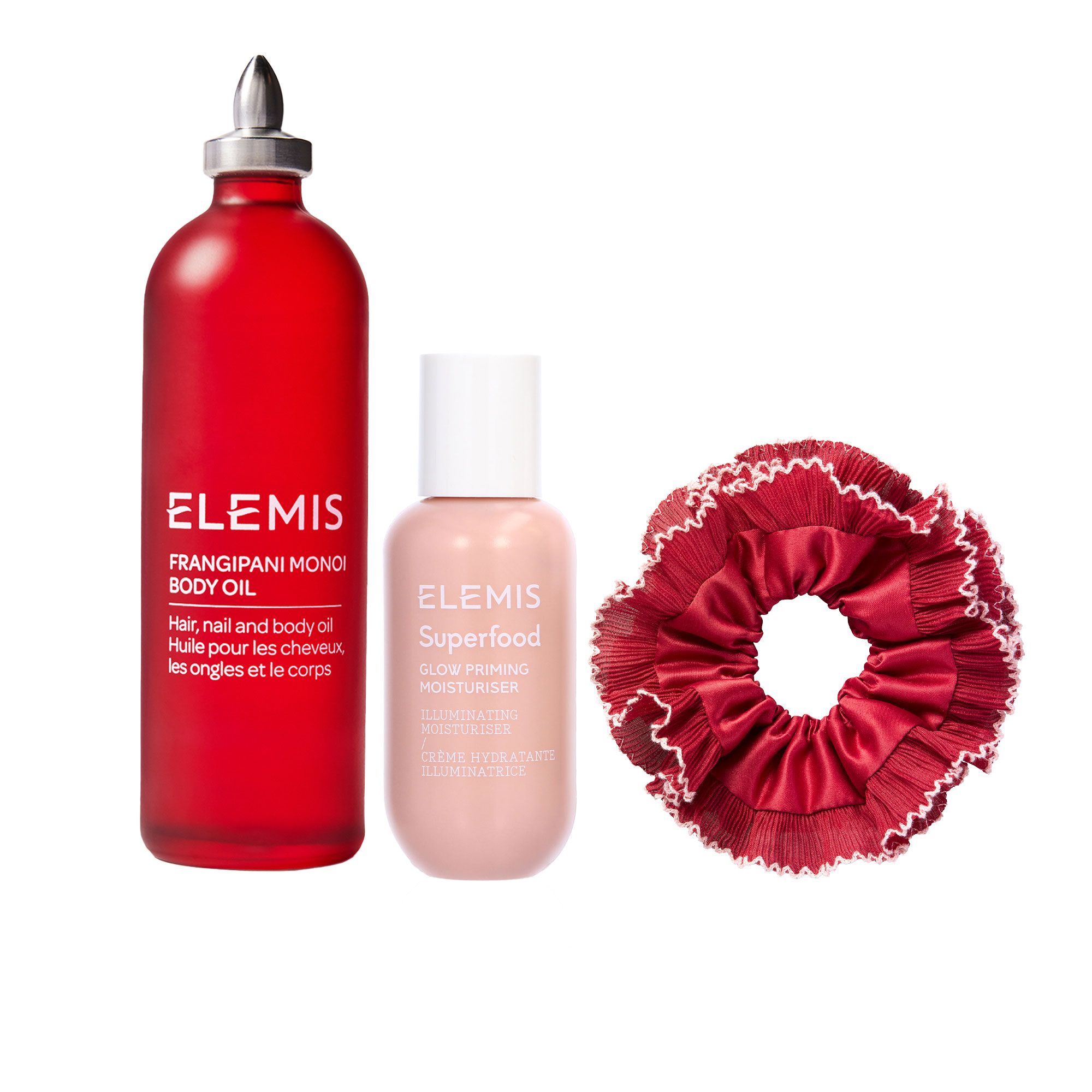 Elemis
Idratante illuminante
(60ml), olio corpo
(100ml) + elastico
