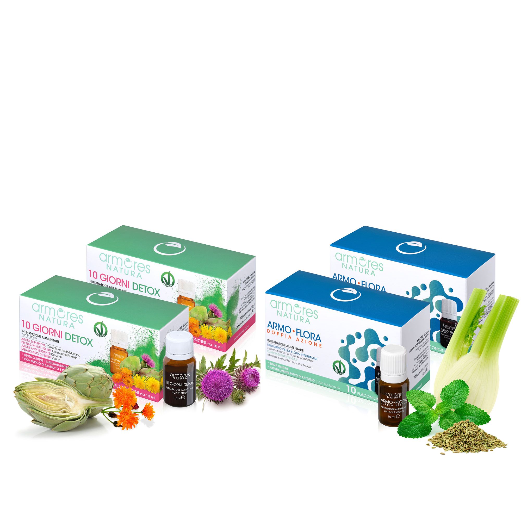 Armores NATURA
Kit 4 integratori:
2 10 Giorni Detox
e 2 Armo Flora