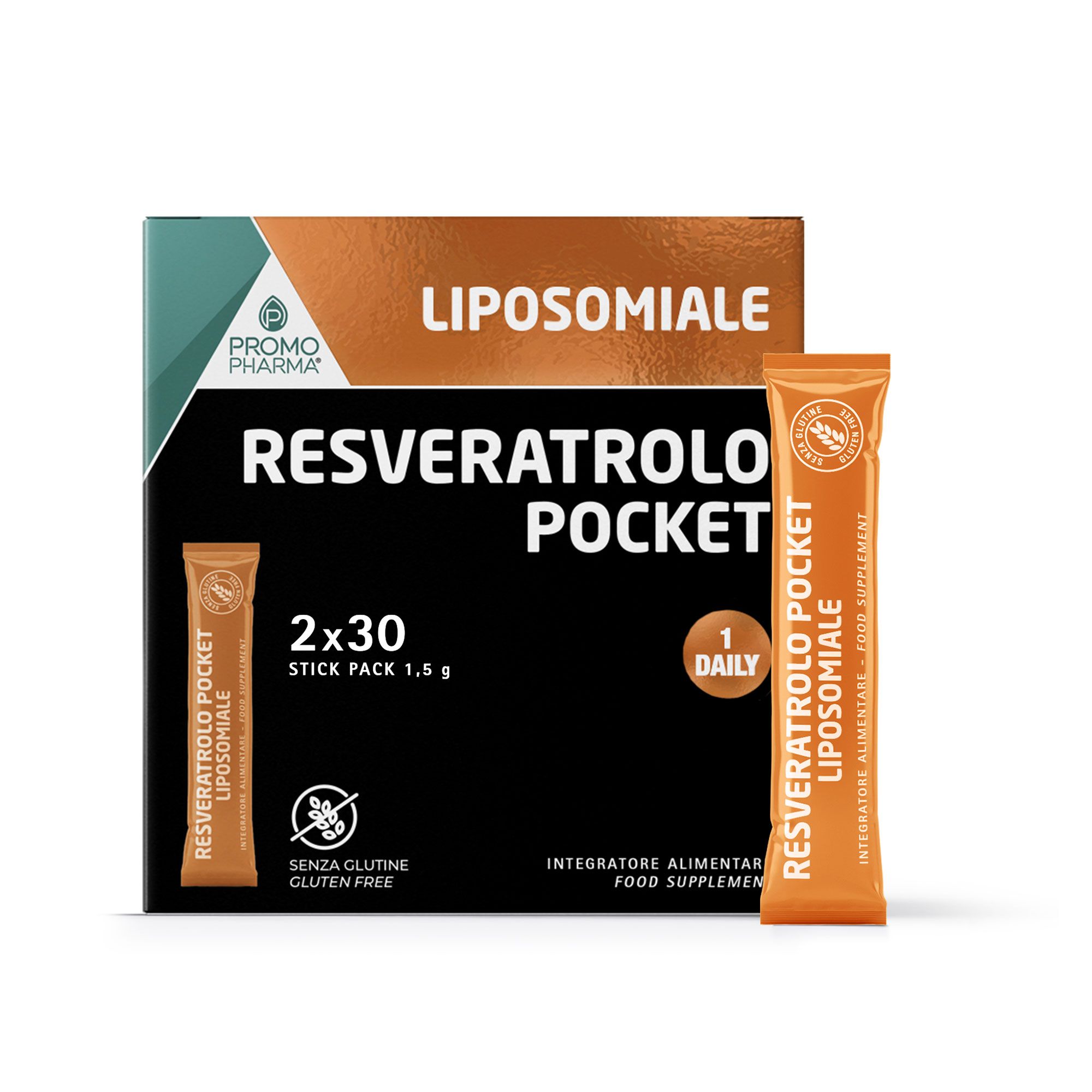 PromoPharma
Integratore in stick
Resveratrolo Pocket
Lipsomiale (2x30 pz)