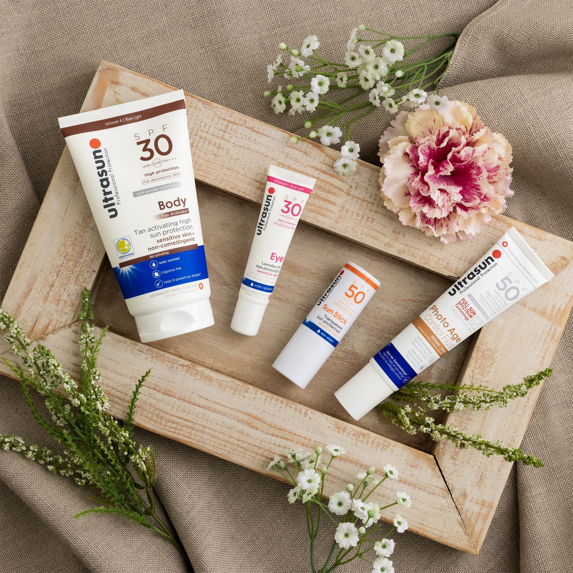 Ultrasun
Kit Solari: gel,
corpo, contorno
occhi, viso, stick