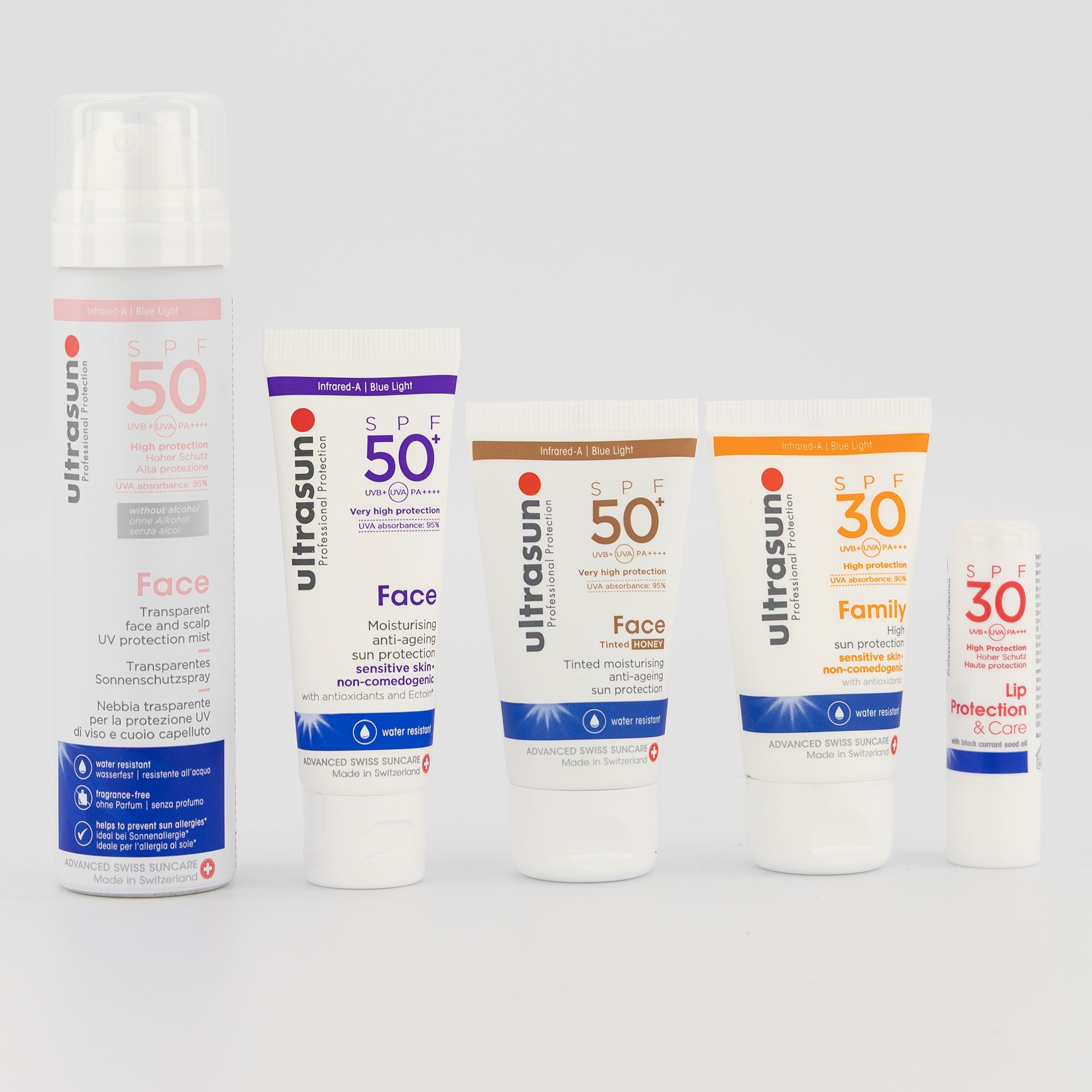 Ultrasun
Kit solari viso,
capelli e labbra
SPF30 e 50+ (5 pz)