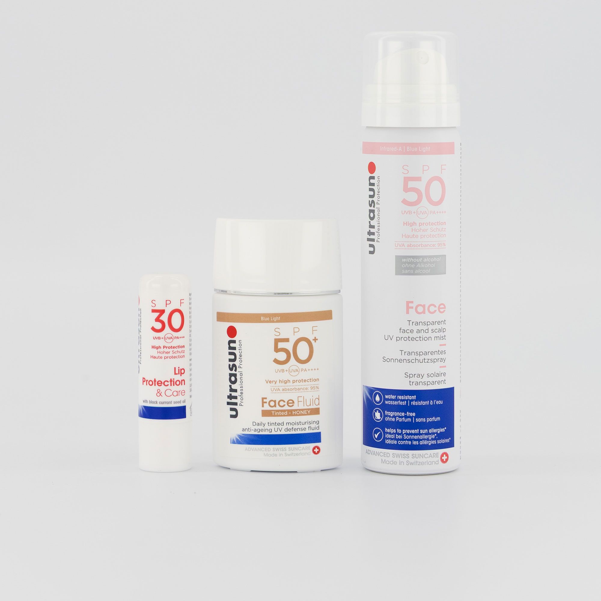 Ultrasun
Solari viso: lip balm
+spray SPF50 (75ml)
+fluido Tinted (40ml)