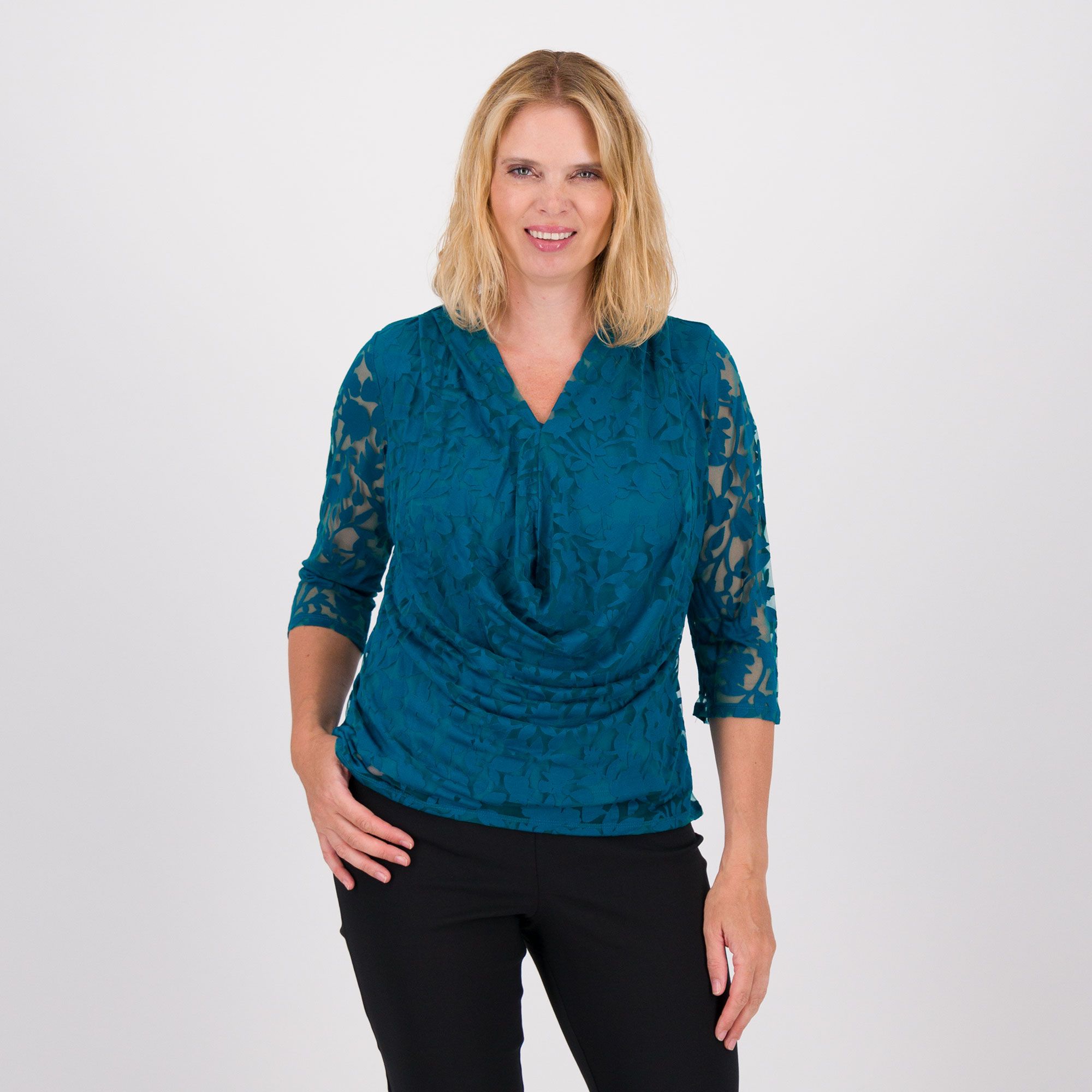 Nina Leonard Maglia maniche 3/4 in tulle devoré con corpino doppiato