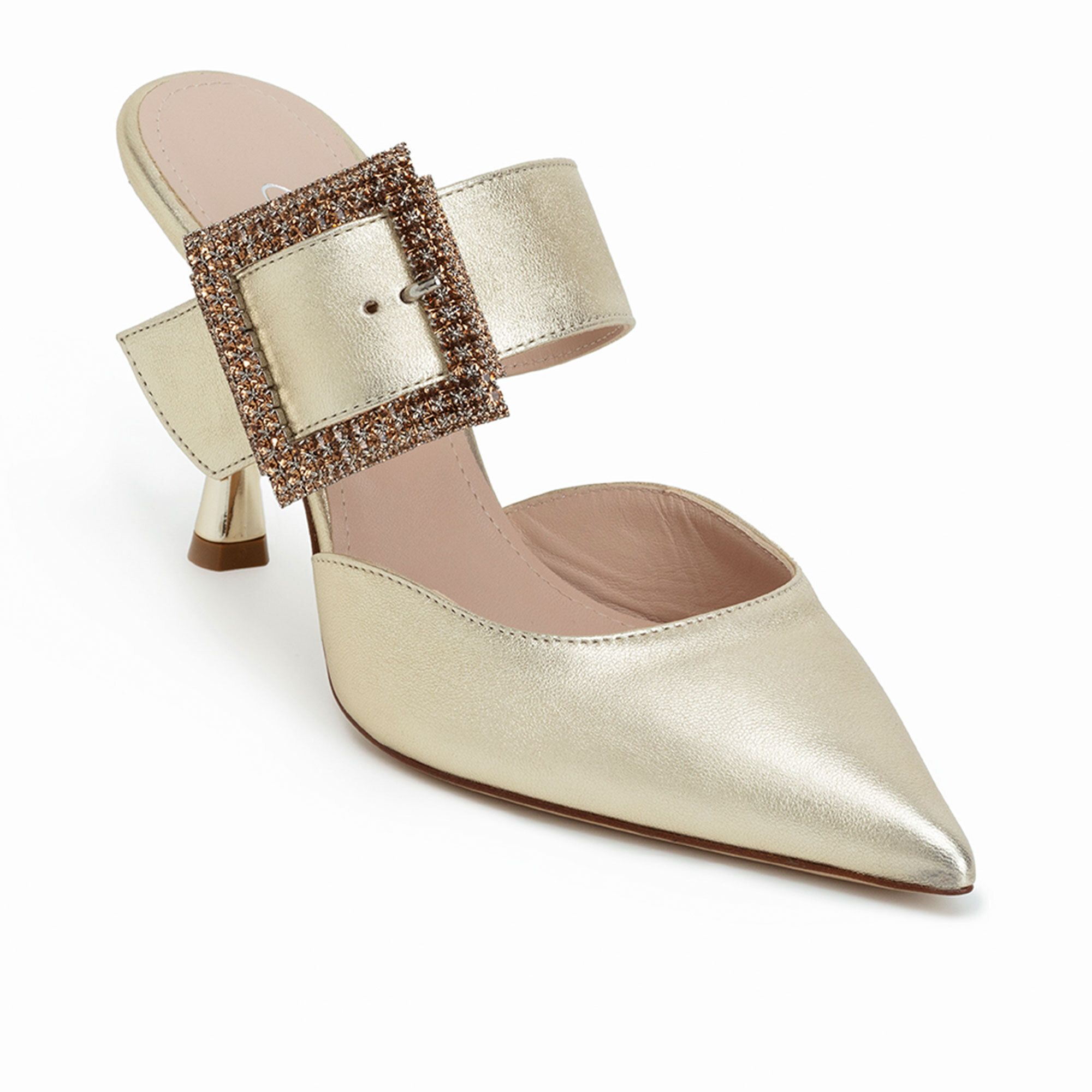 Galieti
Sabot in pelle 
laminata con fascia e
maxi fibbia strass