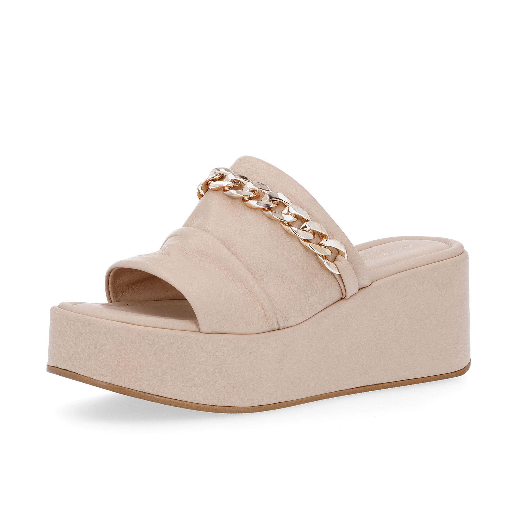 Le Serpentini
Sandalo in pelle
Accessorio catena
Soletta imbottita
Zeppa 7 cm