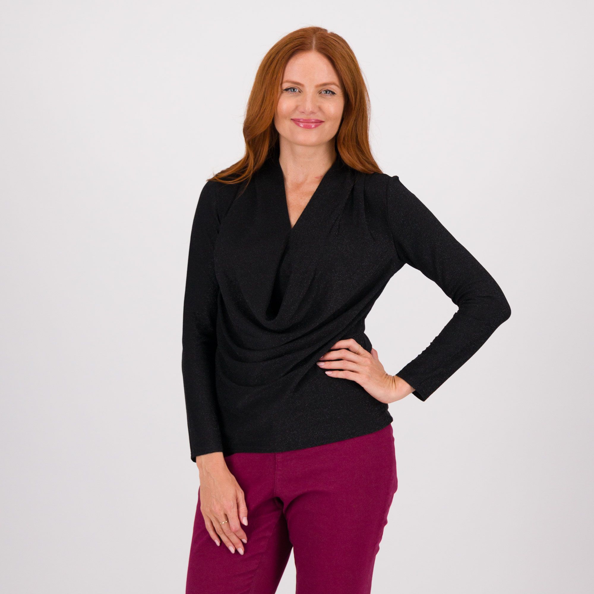 Nina Leonard Maglia manica lunga in jersey lamé con drappeggio