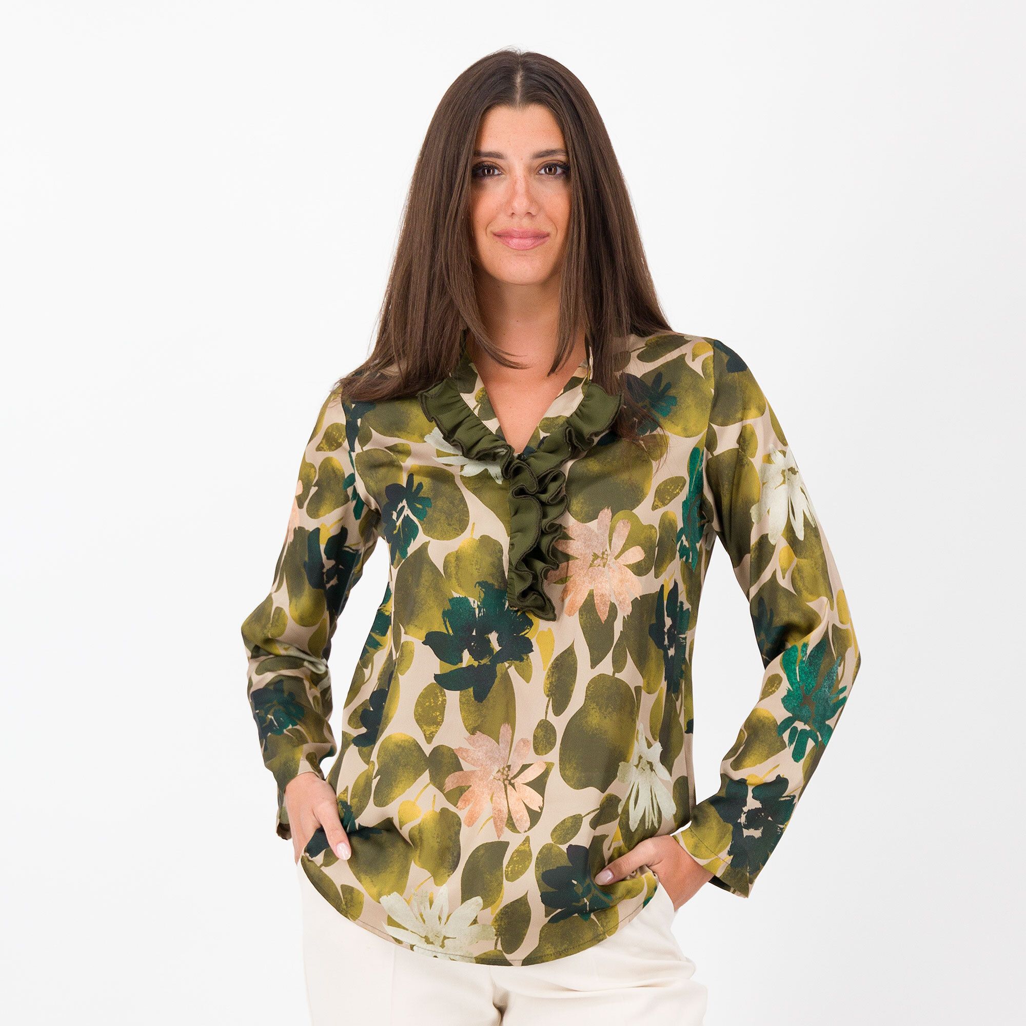 QVC Caterina Lancini Maglia in raso fantasia con rouche