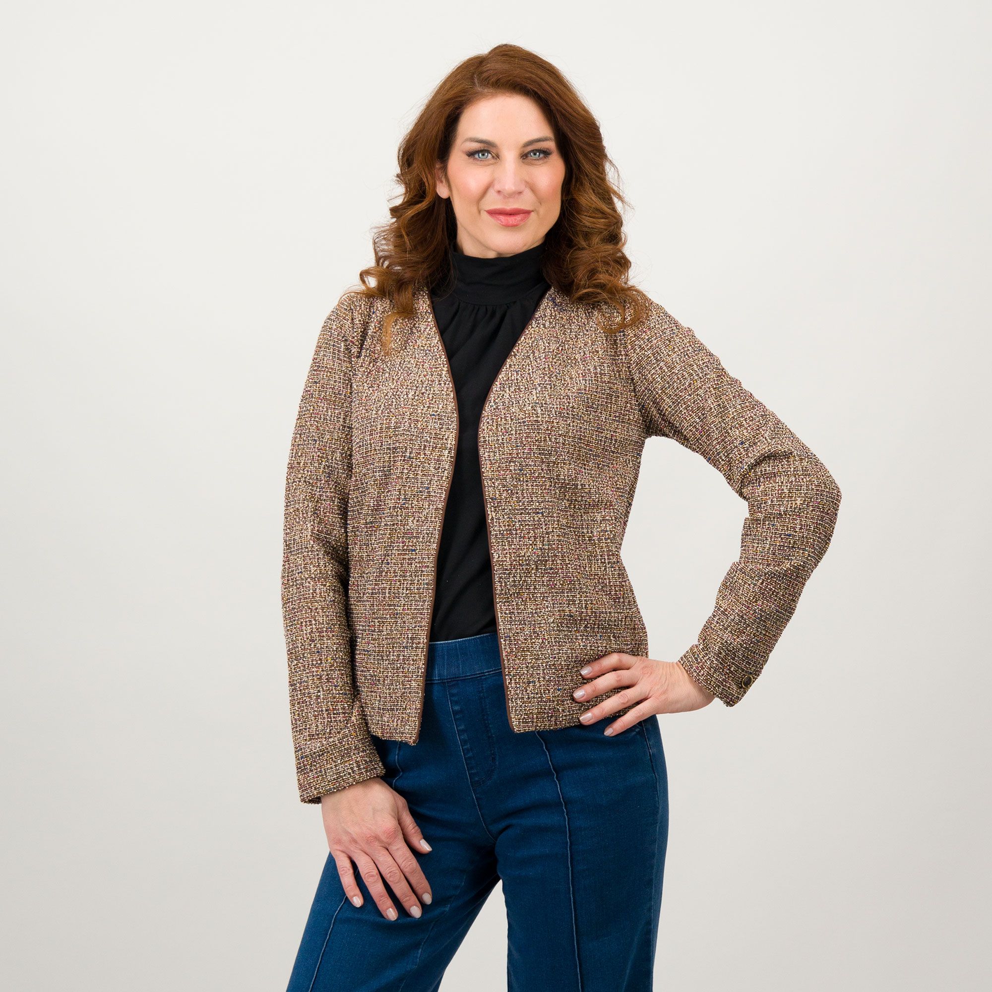 Isaac Mizrahi Live!
Cardigan aperto
in tweed jacquard
con bordi tinta unita