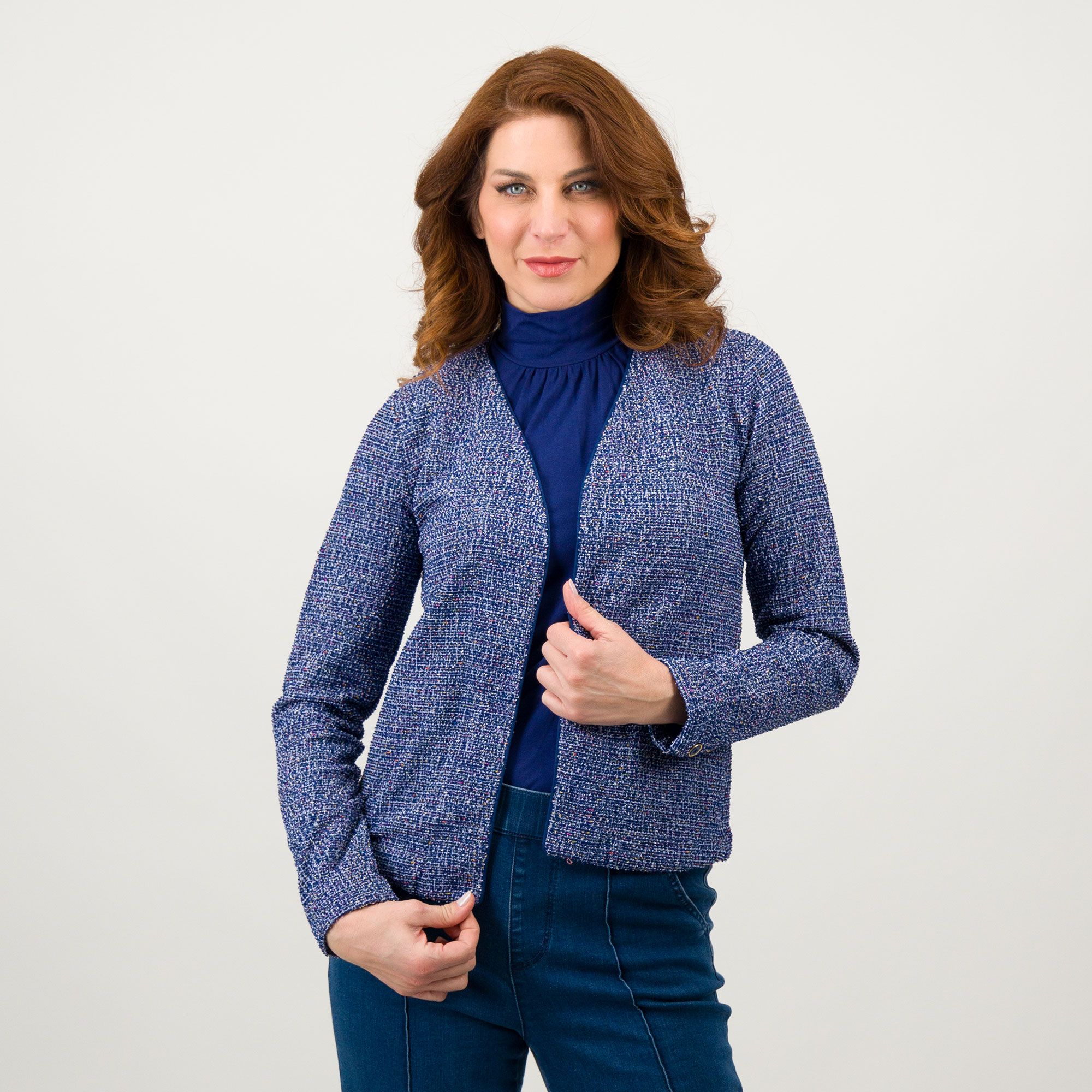 Isaac Mizrahi Live! Cardigan aperto in tweed jacquard con bordi tinta unita