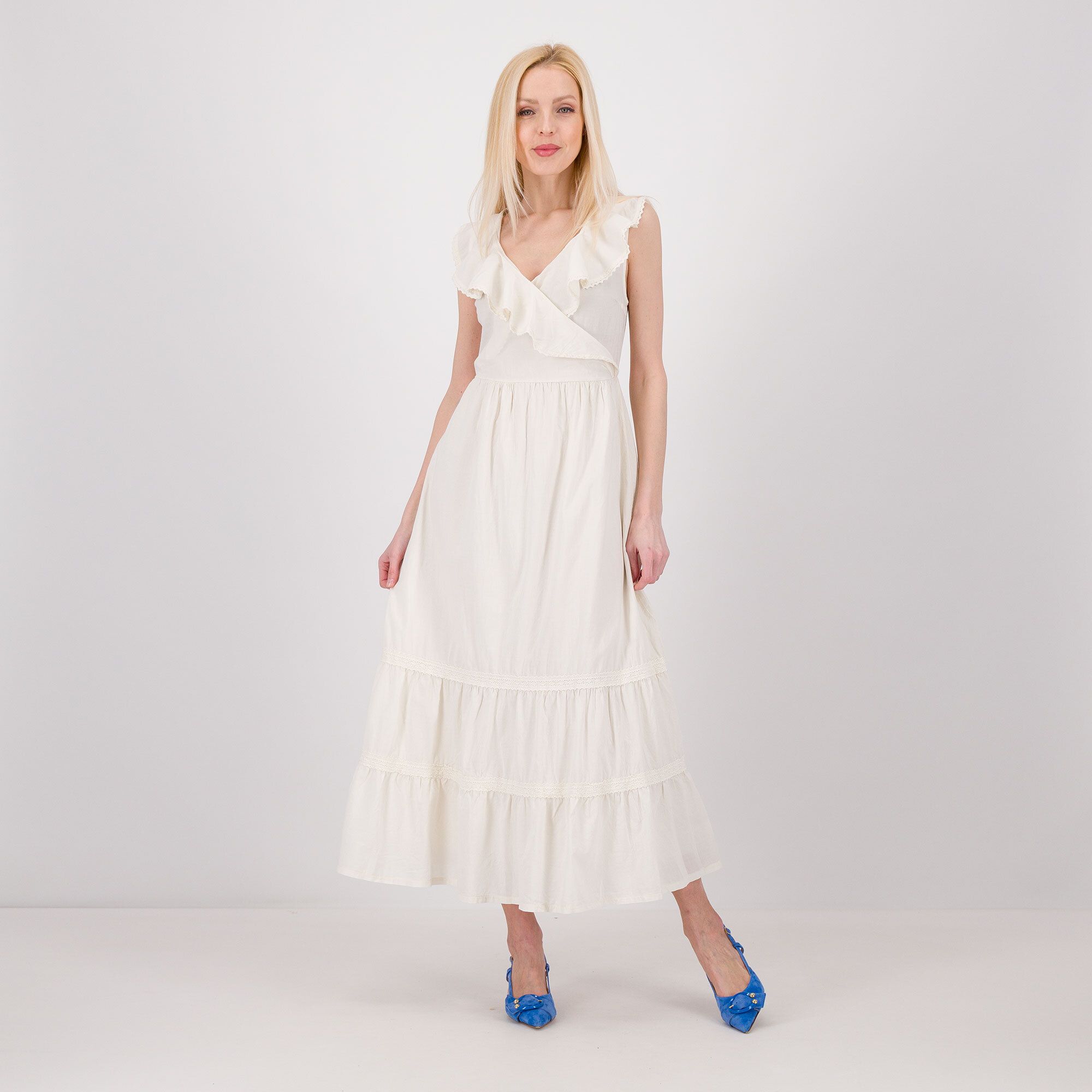 REBEKA ROSS
Abito lungo smanicato
in cotone con
volat allo scollo