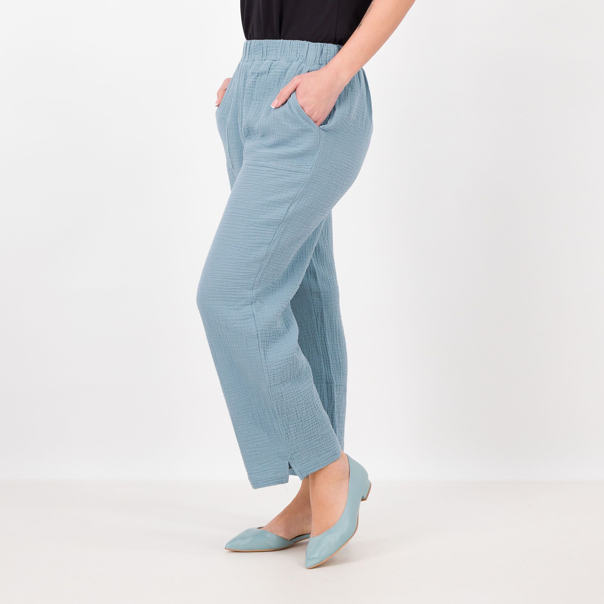 Denim & Co
Pantaloni ampi in
garza di cotone con
vita elasticata