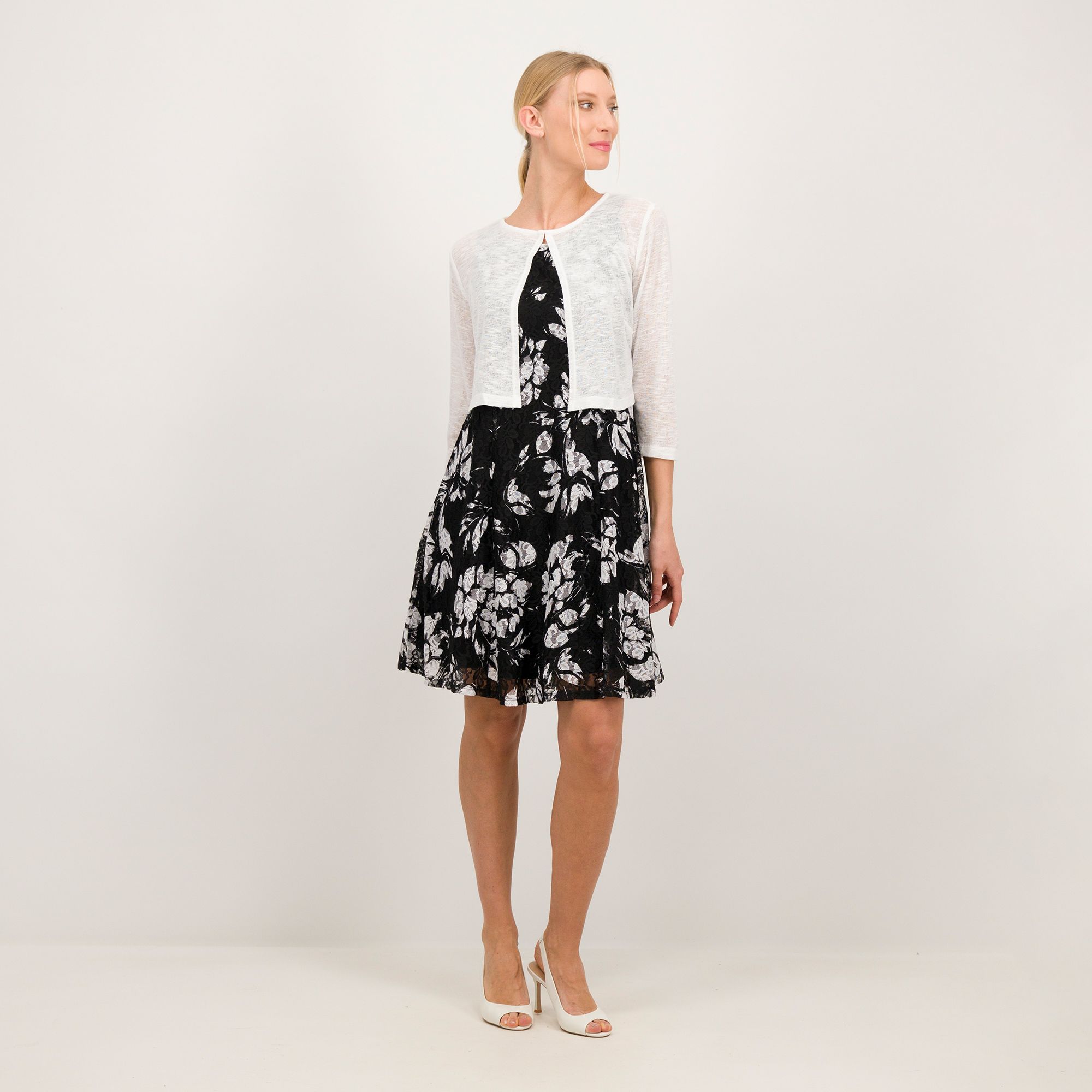 Nina Leonard Set due pezzi: abito in pizzo e cardigan in maglia fiammata