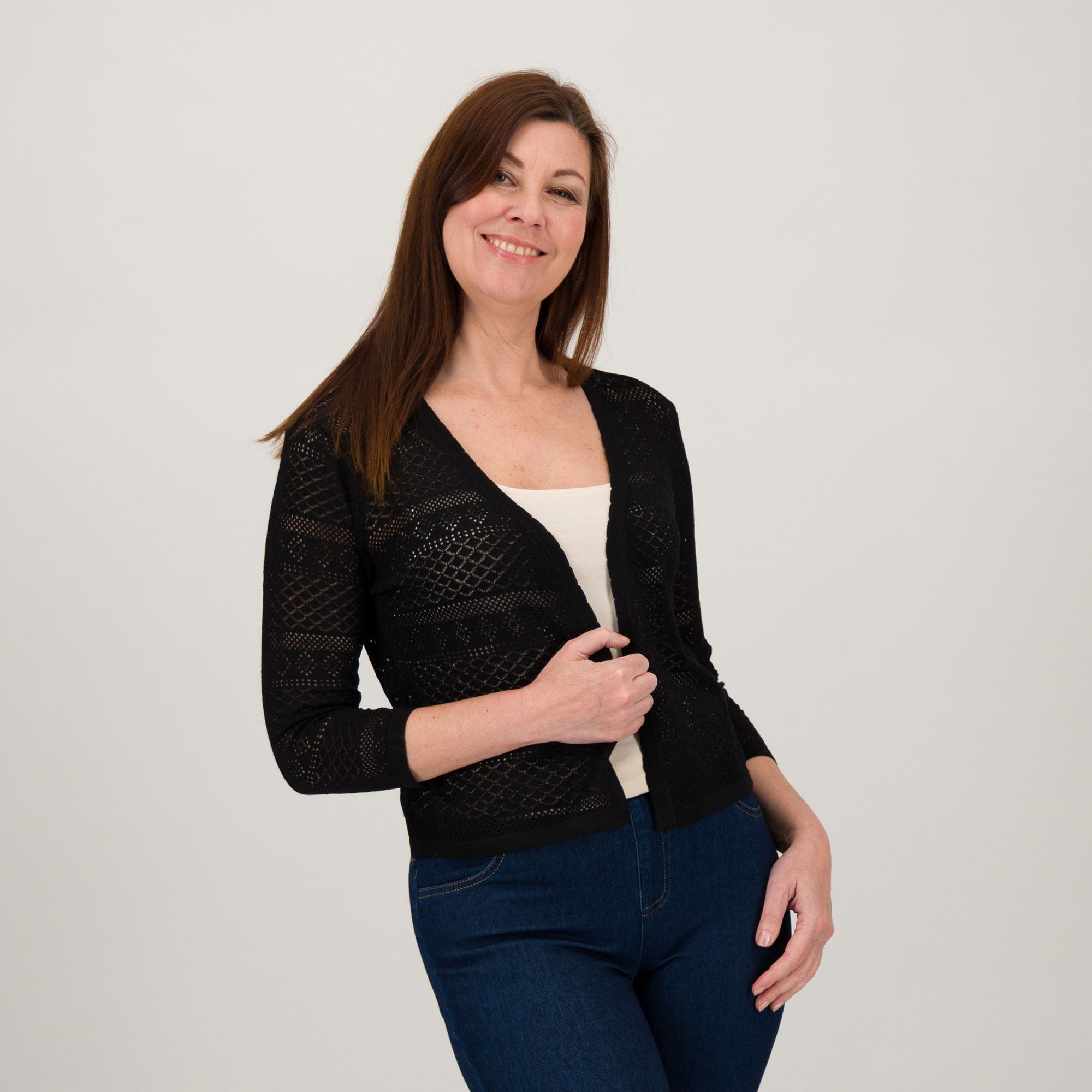 Nina Leonard Cardigan in crochet con scollo a V in micro costina
