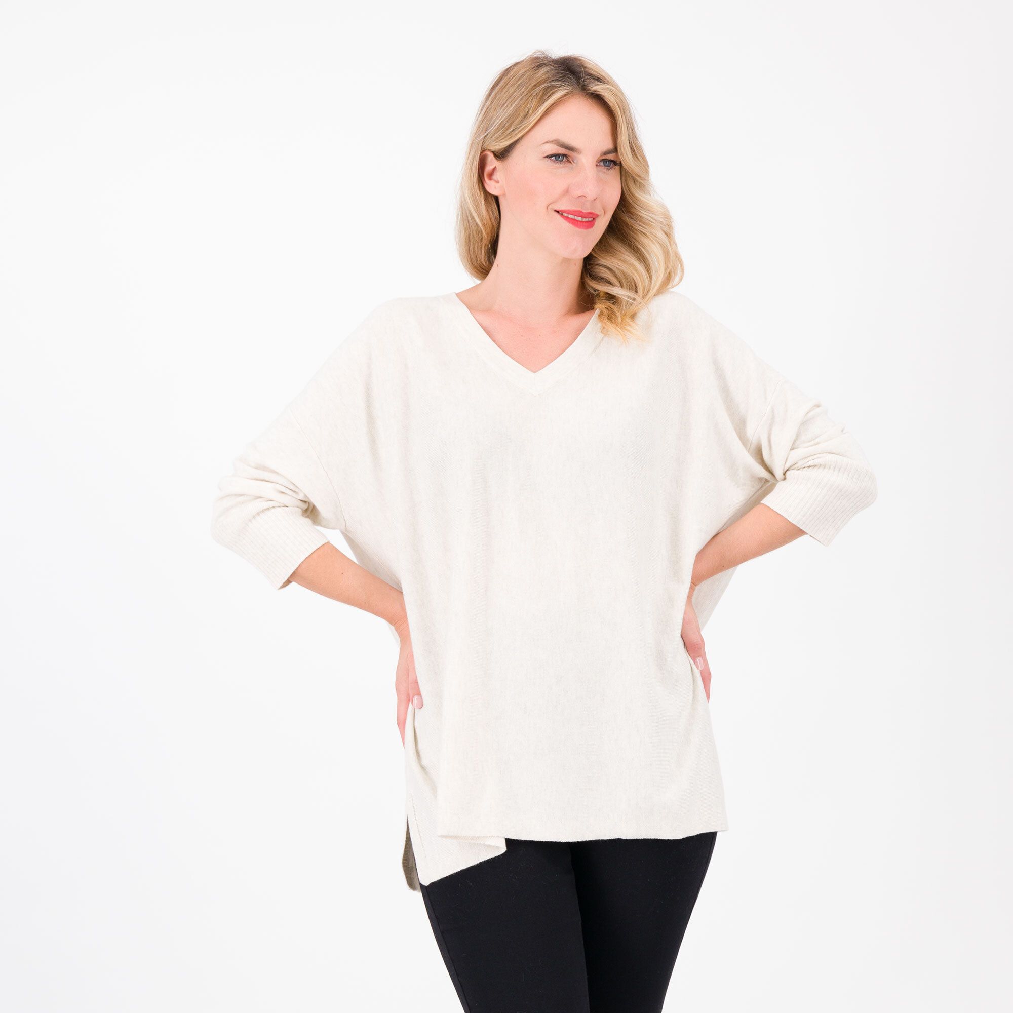 Denim & Co Maglia scollo a V in cotone e viscosa con spalla scesa
