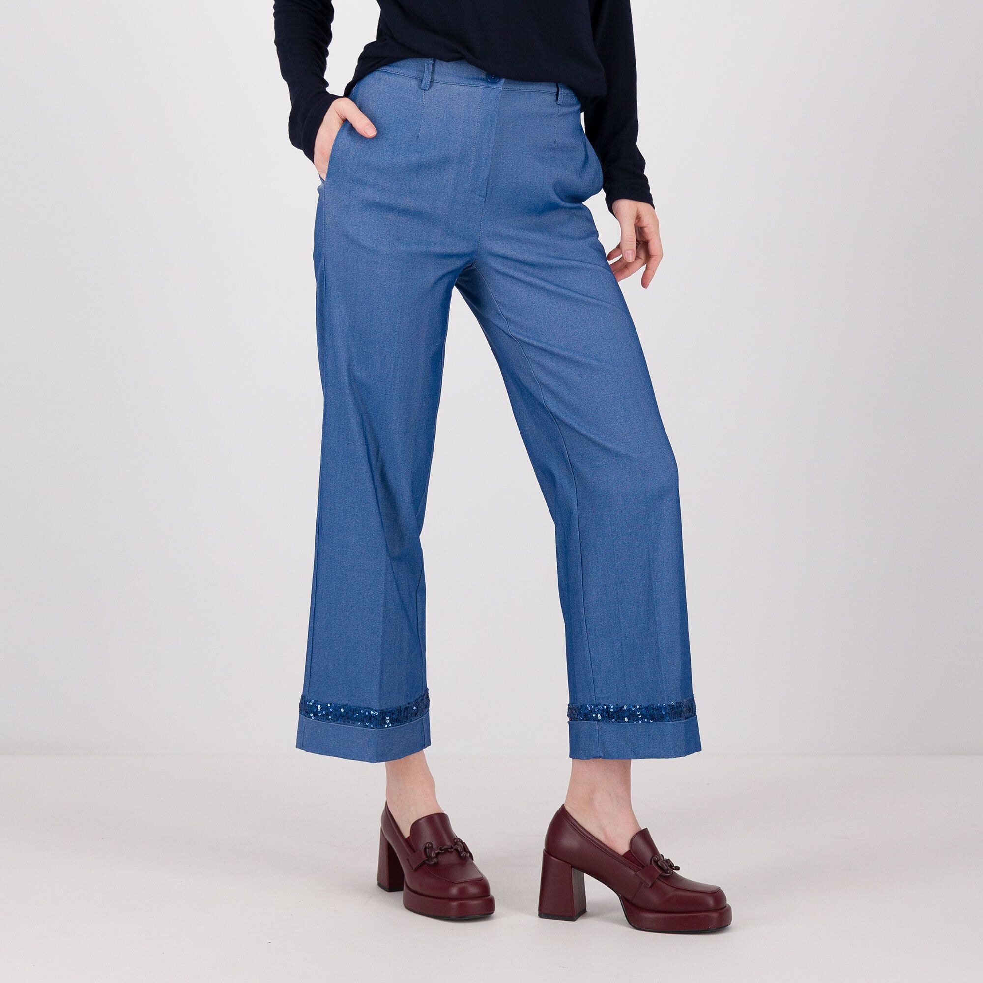 Caterina Lancini Pantaloni wide legs effetto jeans con paillettes