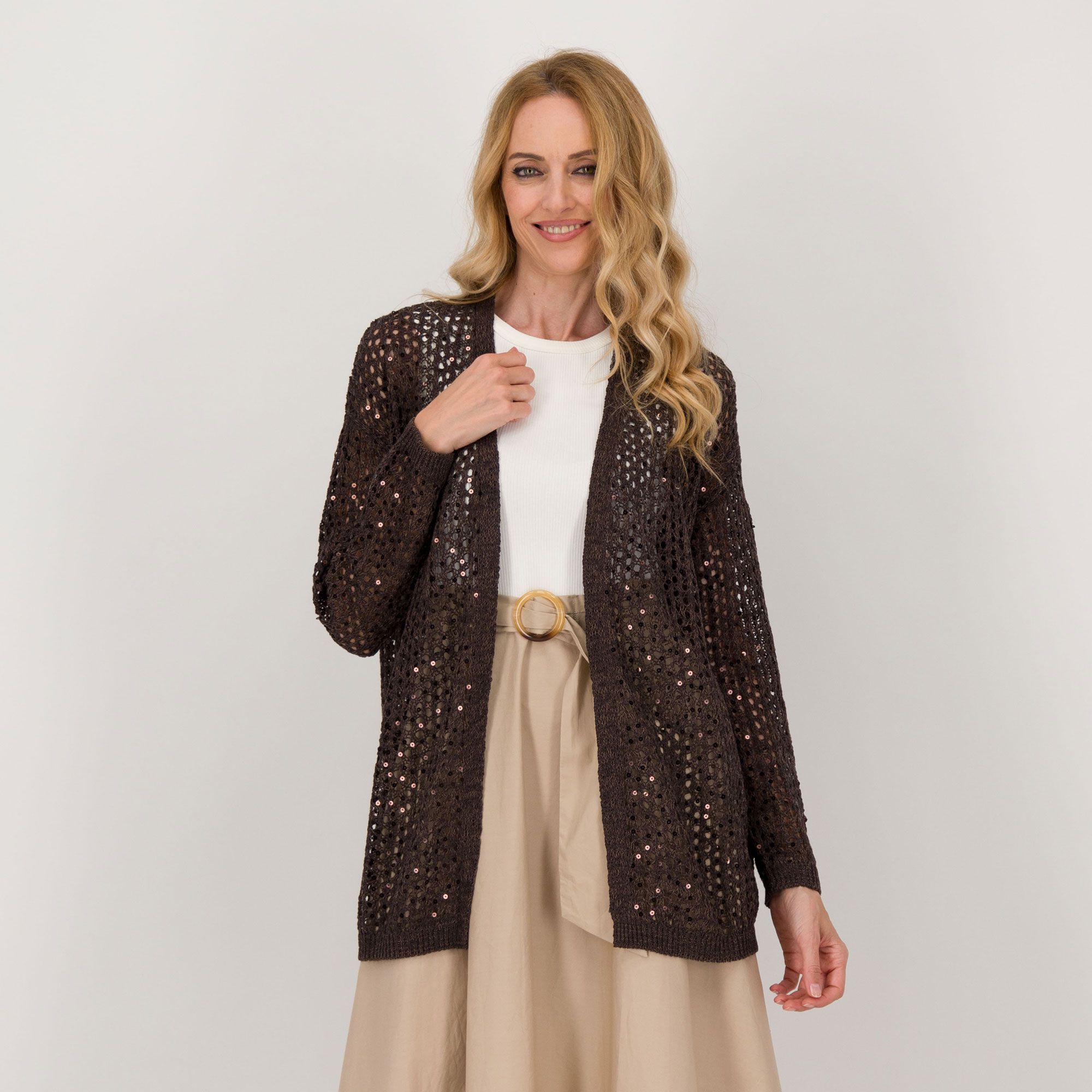 Oltre
Cardigan aperto
in cotone traforato
con paillettes