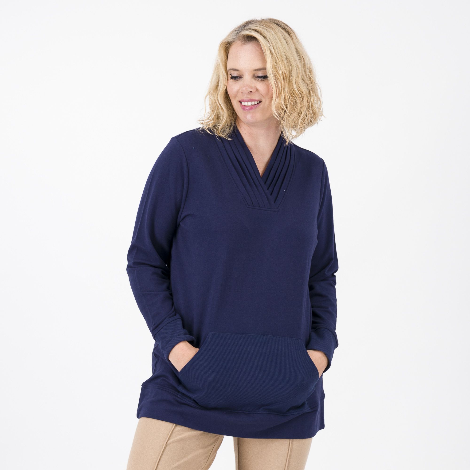 QVC Denim & Co Felpa in cotone stretch con tasca a canguro