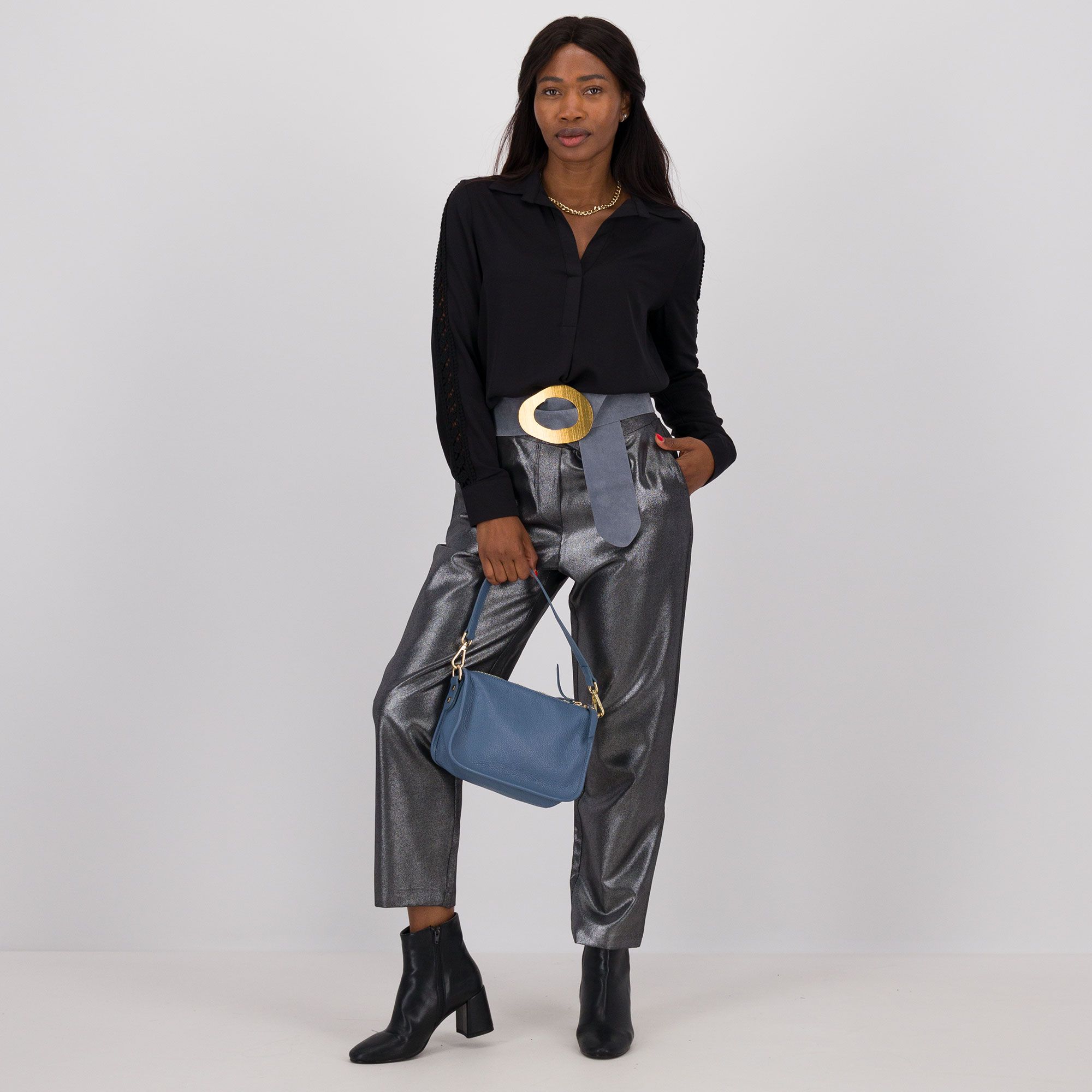 EVA Franco Ciambella Blusa in viscosa con collo a polo e inserti in pizzo