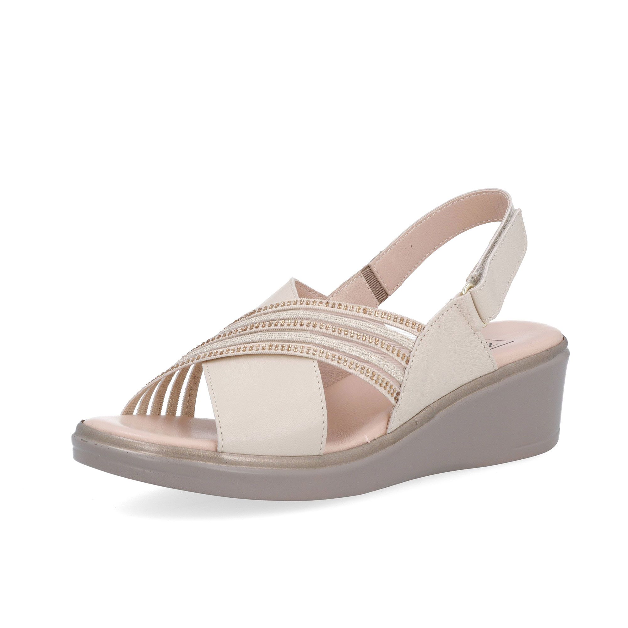 Confort
Sandali in pelle
fasce incrociate con
strass e zeppa 5 cm