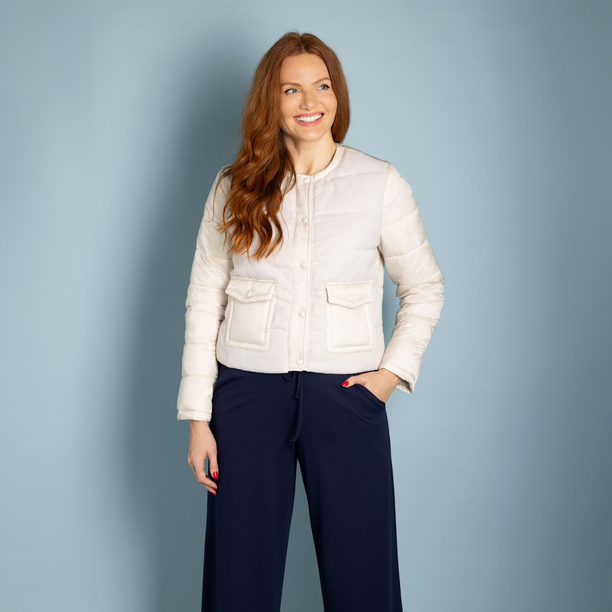 Neropale Piumino 100 grammi girocollo con davanti in tessuto bouclé