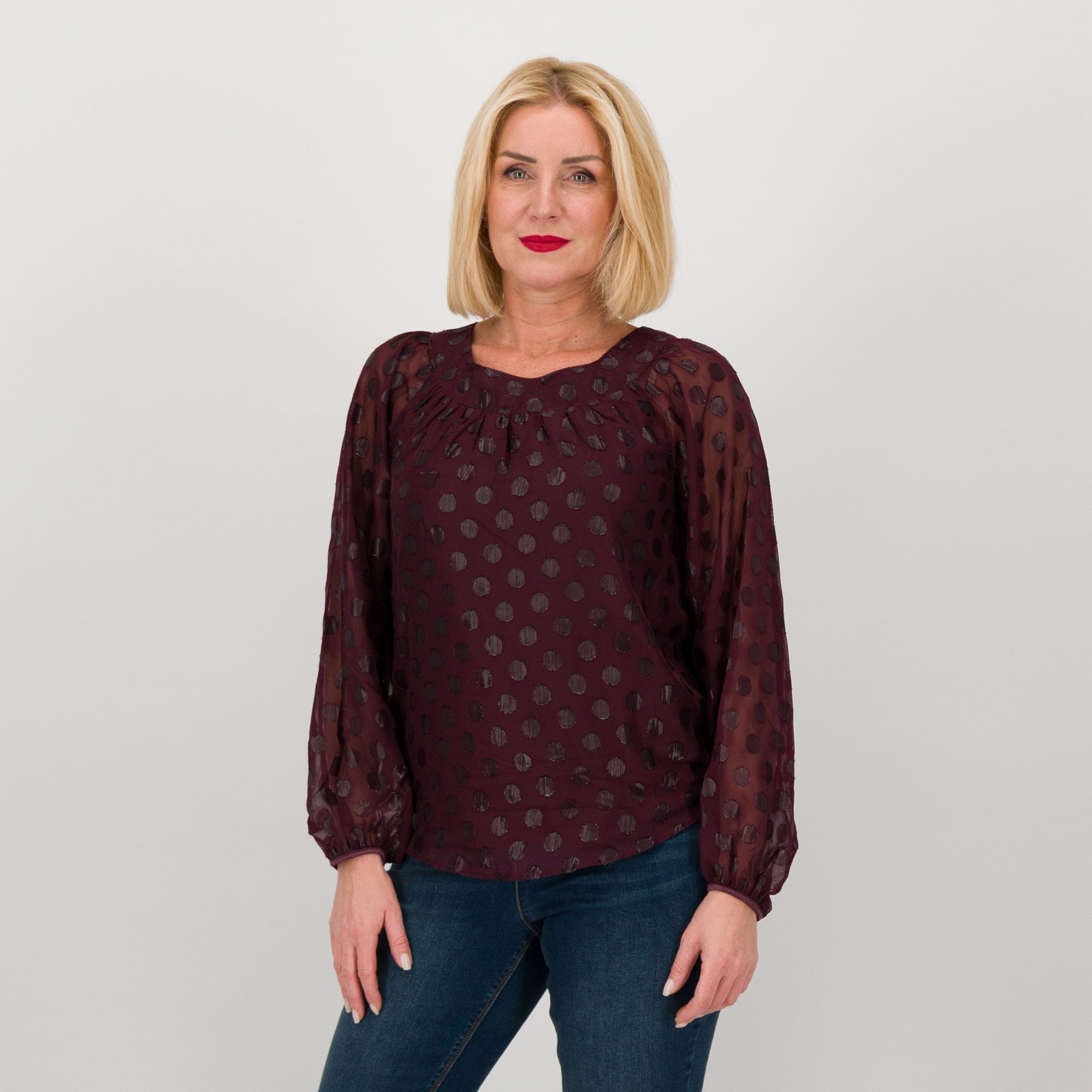 Isaac Mizrahi Live
Blusa in tulle
flock pois con corpo
doppiato in jersey