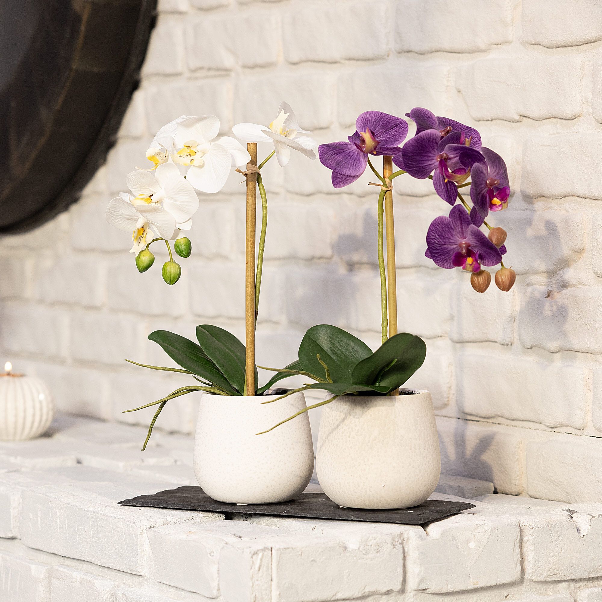 Hollyone Orchidea Artificiale In Vaso Ceramica Dorata, 45 Cm, Pianta Finta Per Casa E Ufficio