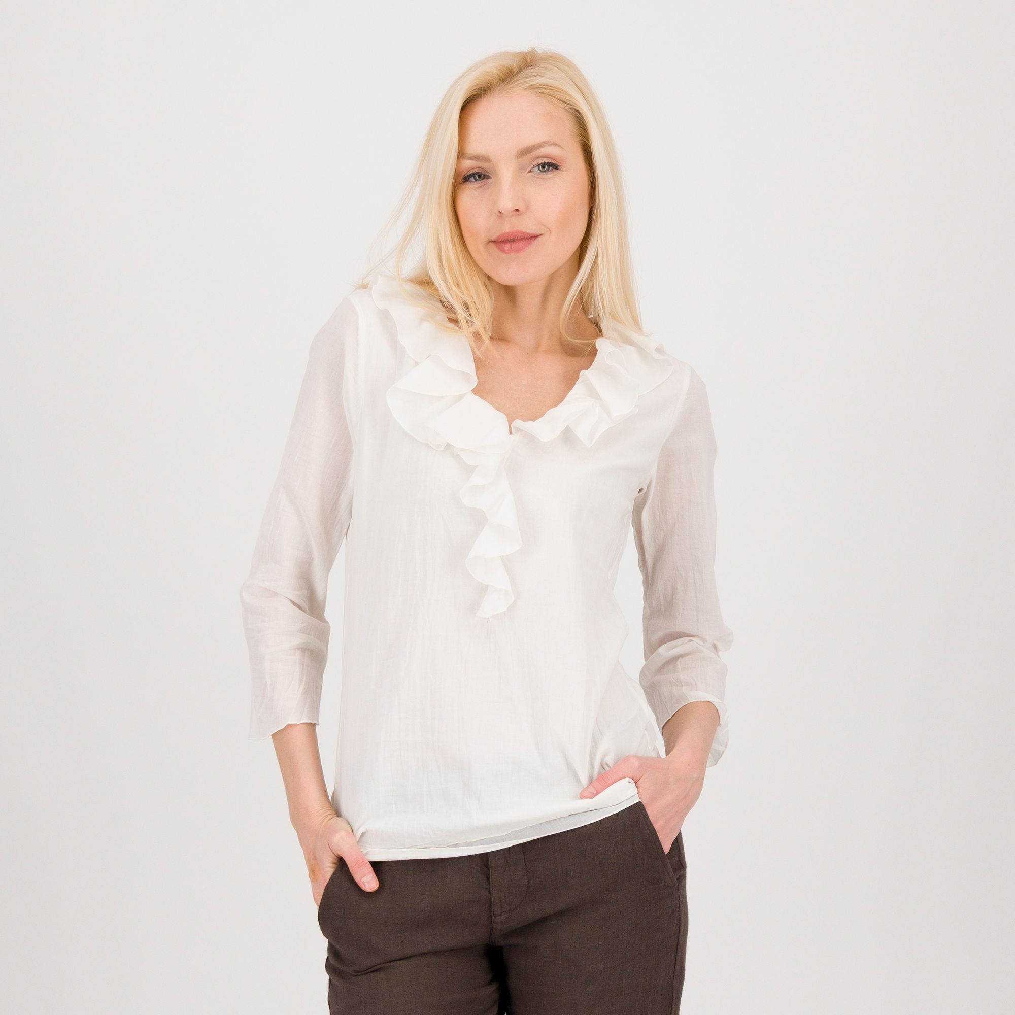 COLOUR LAB Blusa scollata a V con rouche, maniche 3/4